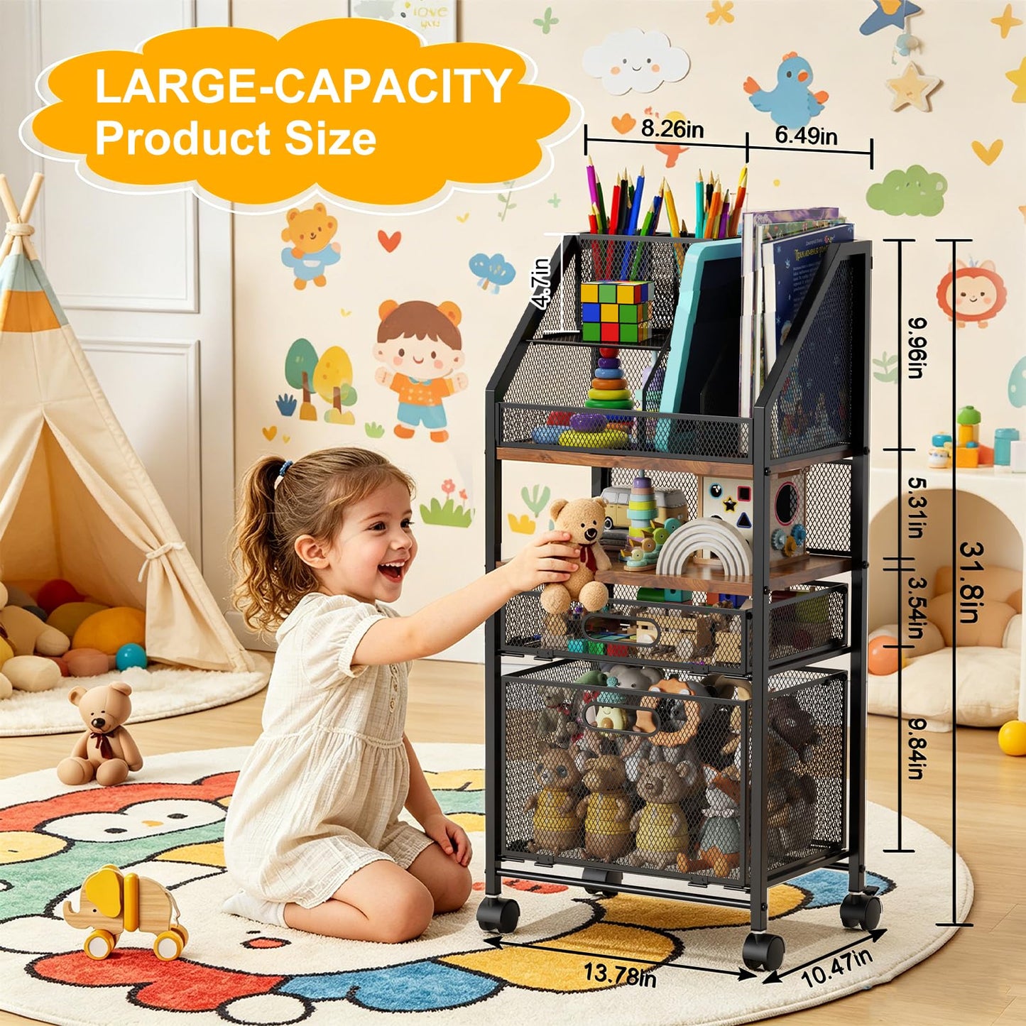 Cankm Rolling Cart with Drawers Metal Moving Craft Storage Cart with Lockable Wheels Wood&Mesh Rolling Utility Organizer Filing Cabinets for Home Office Classroom Organization(31 * 15 * 10 Inch)