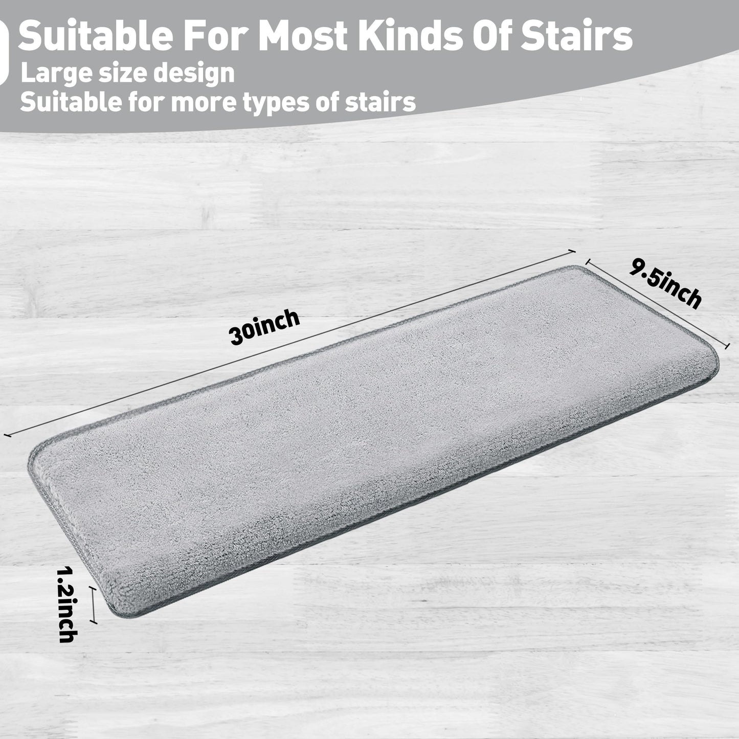 PURE ERA Carpet Stair Treads Ultra Plush 9.5" X 30"Soft Bullnose Indoor Stair Protectors Pet-Friendly Non-Slip Skid Resistant Tape Free Washable Reusable(14 Pieces,Gray)