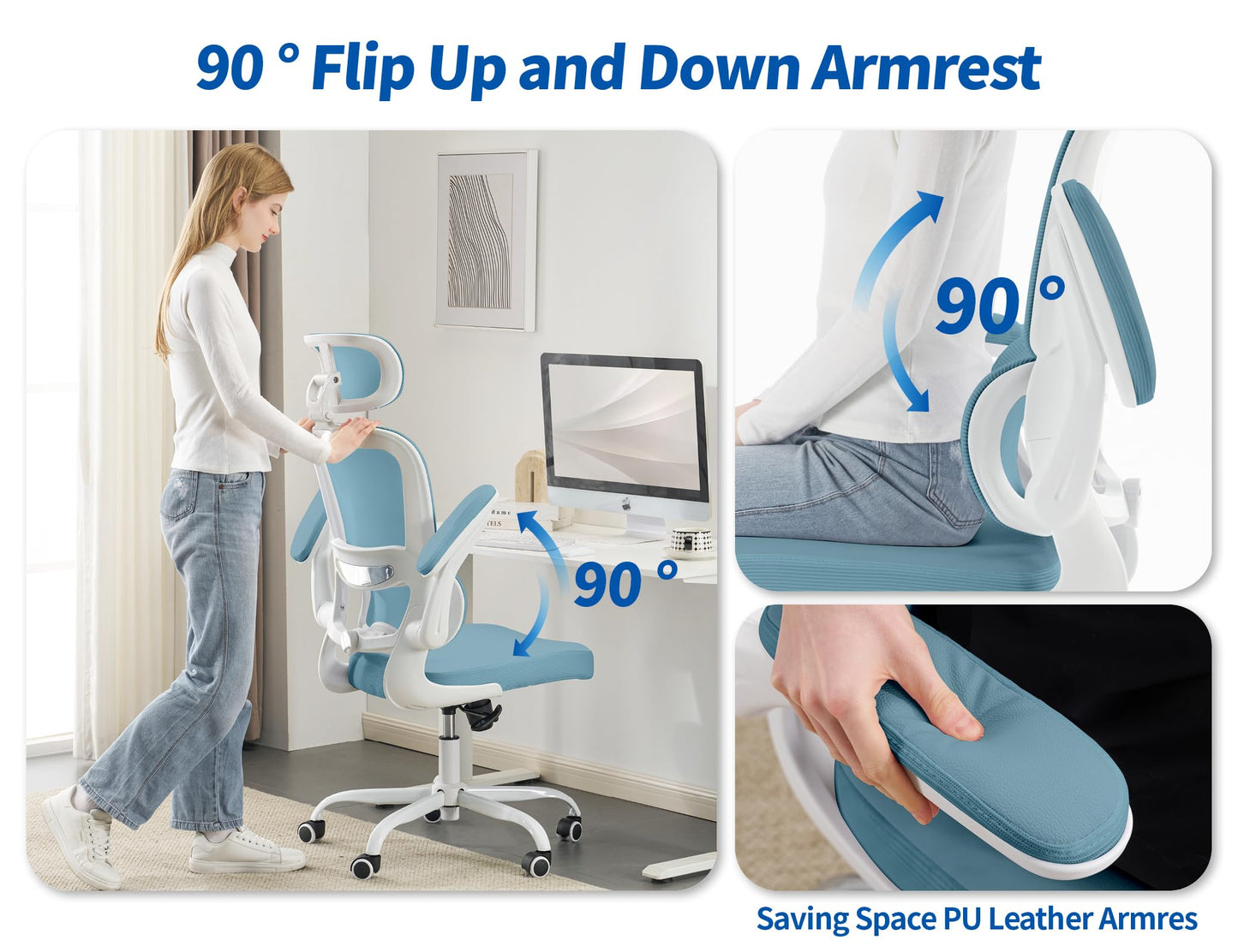 TRALT Ergonomic Office Chair - Desk Chair with Adjustable Headrest Lumbar Support Computer Chair - Mesh Comfy Chair with Flip-up Armrests - Gaming Chairs for Adults Home Office (PU Leather, Blue)