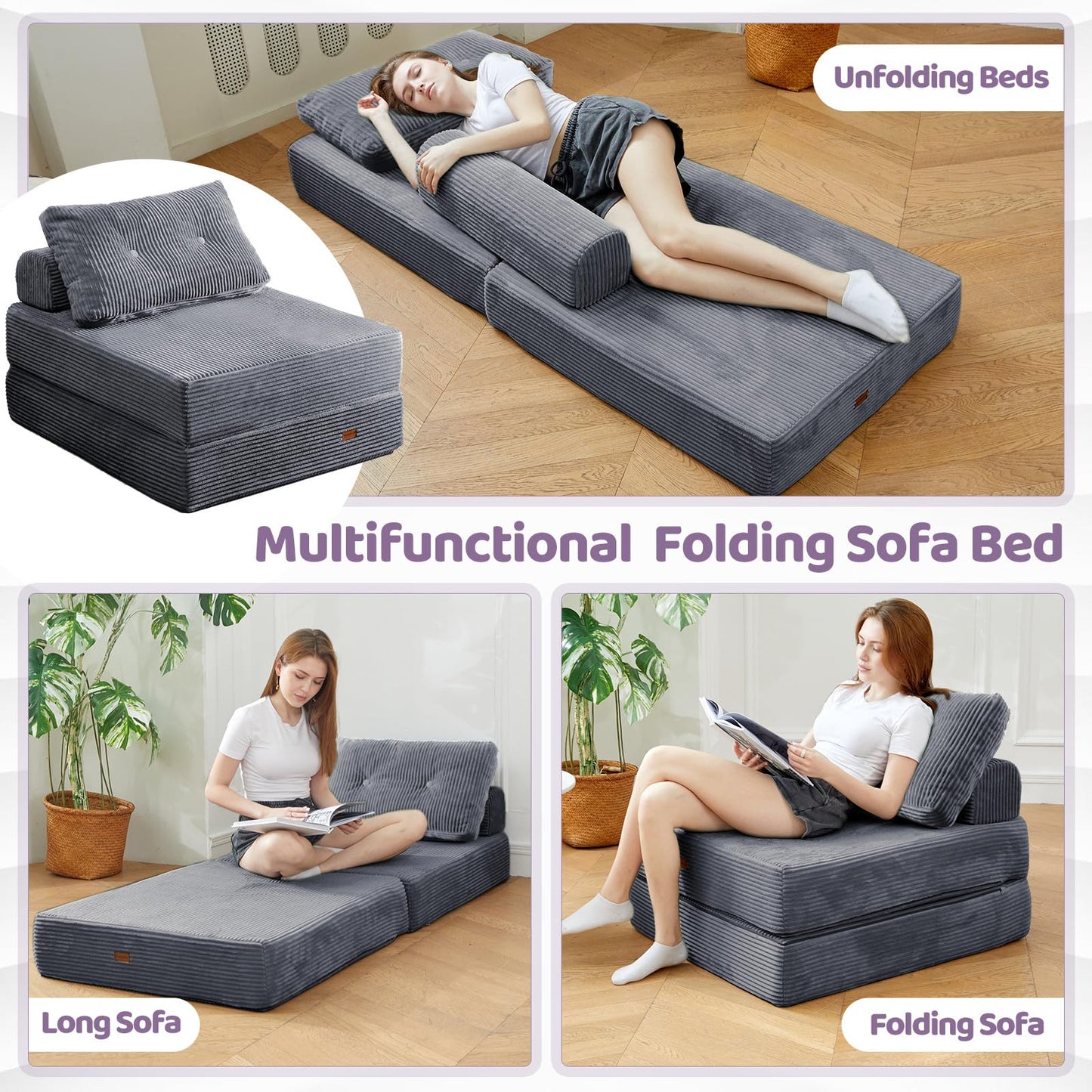 PIASHJOY Folding Chair Bed, Convertible Sofa Bed with Pillows,Fold Out Chair Bed with High-Density Foam,Chair Bed Sleeper for Adults Perfect for Living Room 、Hotel 、Apartment ， Single, Dark Gray