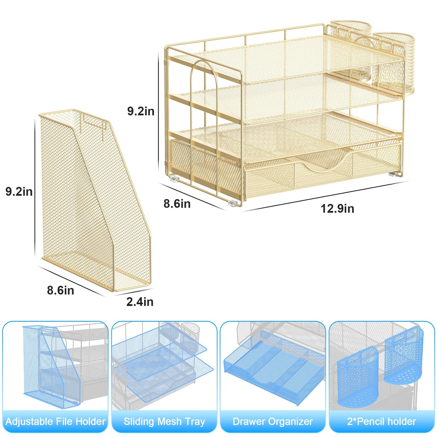 gianotter Desk Organizers and Accessories with File Holder, 4-Tier Desk Accessories & Workspace Organizers with Drawer and 2 Pen Holder, Paper Organizer for Office Supplies(Gold)