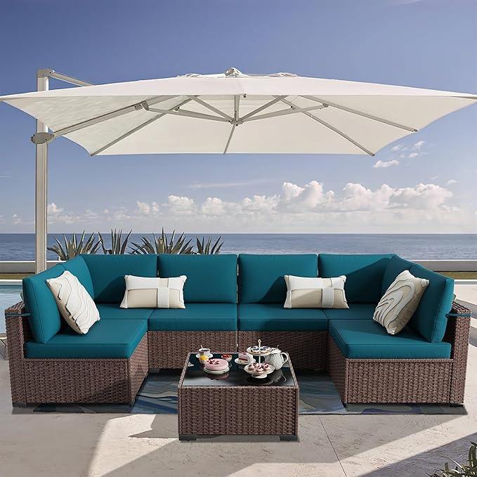 KIGOTY Patio Furniture Set, 7 Pieces Modular Outdoor Sectional Sofa, PE Rattan