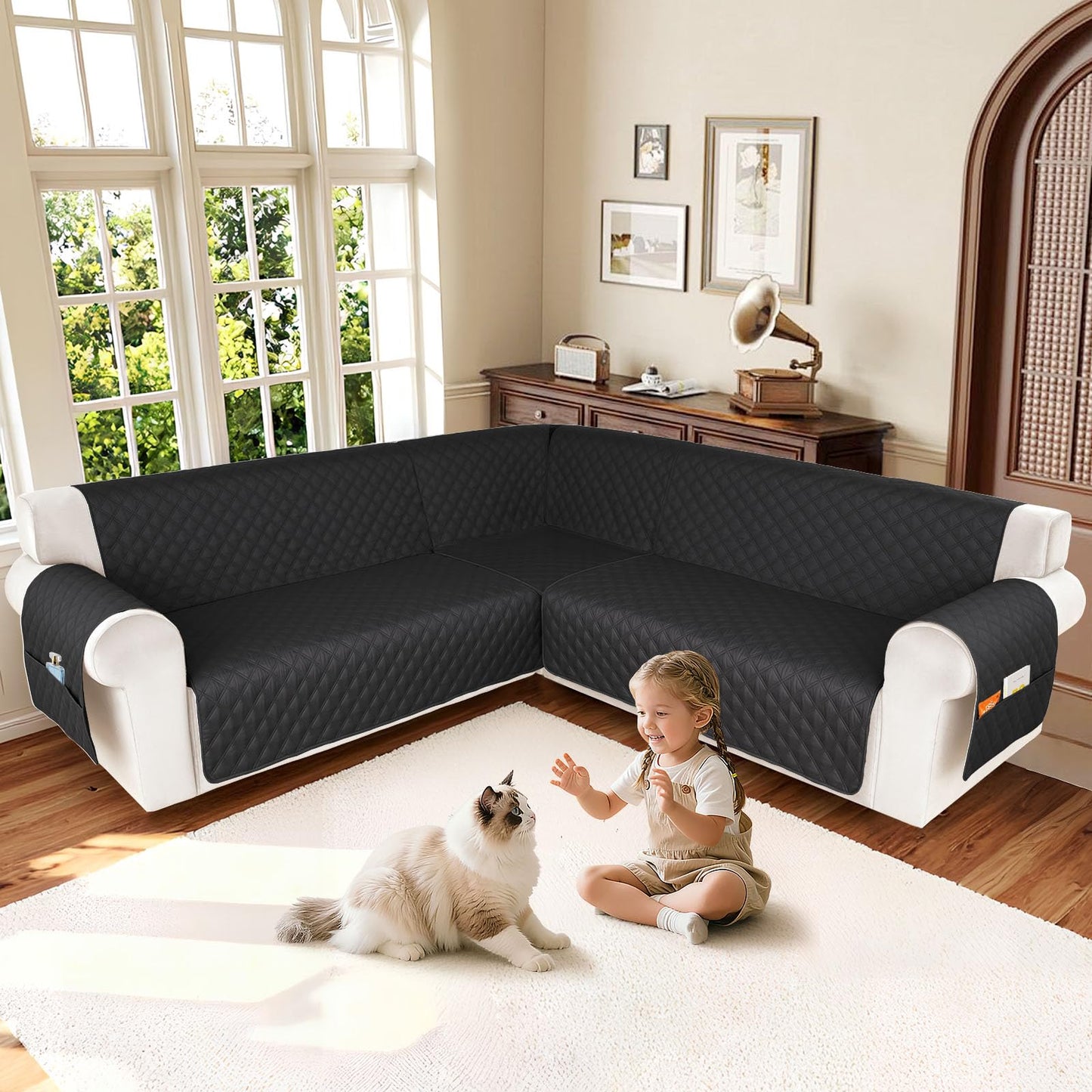 HDCAXKJ Waterproof Sectional Couch Cover L Shaped Sofa Covers Washable Corner Sectional Slipcovers Dog Pet Proof U Shape Furniture Protector with Upgraded Anti Slip Strips (X-Large, Charcoal Black)