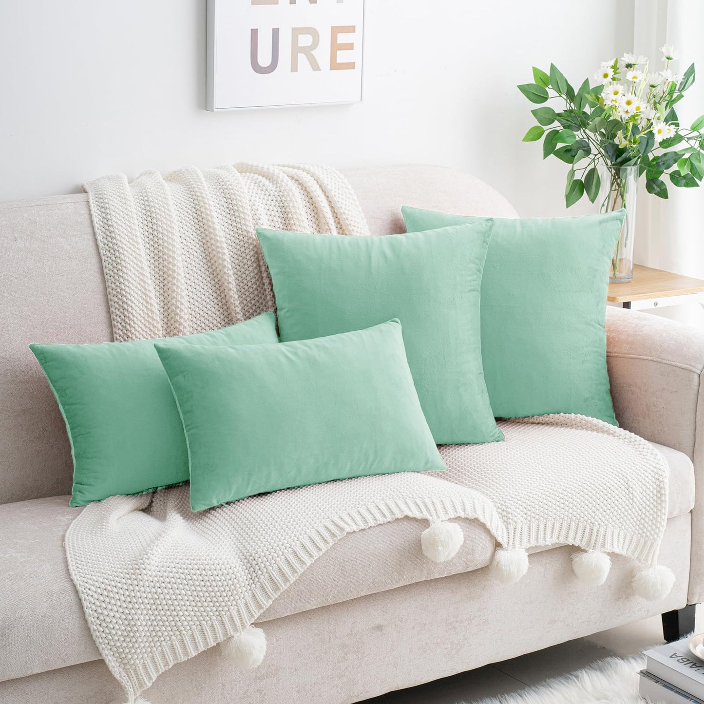 HWY 50 Aqua Green Velvet Throw Pillow Covers 18x18 Inch, Pack of 2 Soft Cozy Solid Decorative Luxury Cushion Cases for Couch Sofa Bed Living Room Bedroom