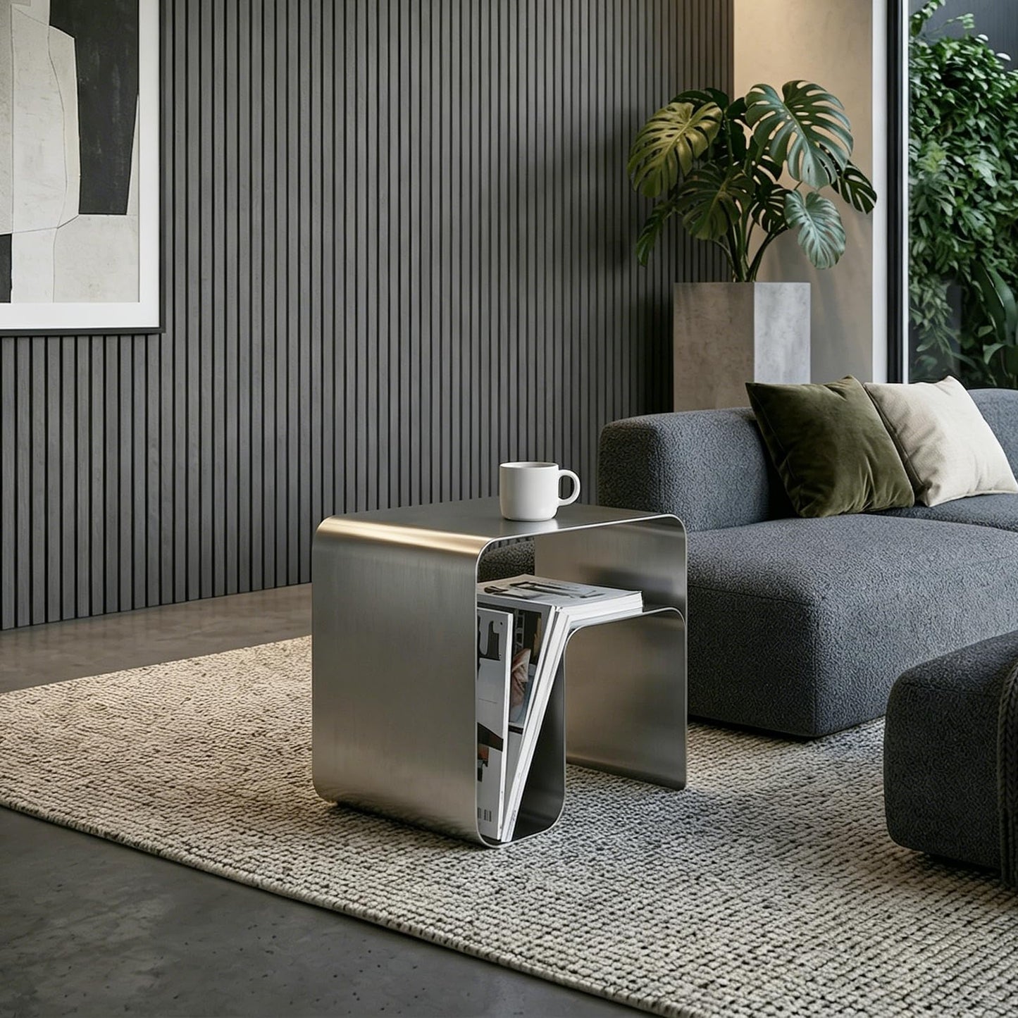 Minimalist Stainless Steel End Table, Modern Steel Frame Side Table and Sofa Table, Small Nightstand for Living Room Bedroom Office (17.7"x13.8"x17.7")