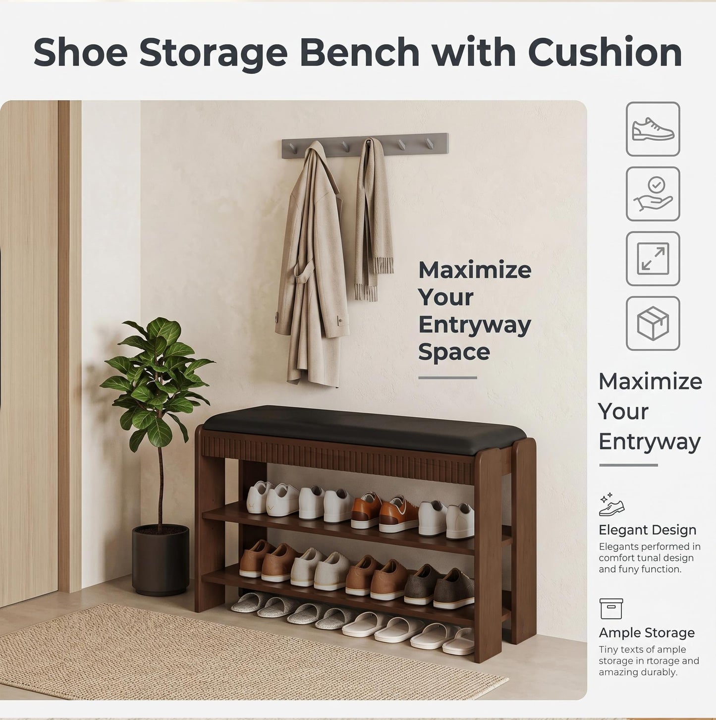 LUHIMI Shoe Bench with Cushion, Solid Wood 2 Tier Adjustable Storage Shoe Bench Rack for Entryway, Bedroom, Closet, Living Room, Hallway