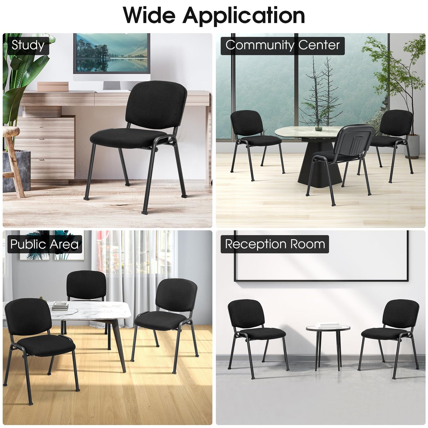 HOMGX 2 PCS Waiting Room Chairs, Stackable Office Guest Chair with Upholstered Back & Seat, Comfortable Conference Chairs for Meeting Room, Executive Chair Set No Wheels, Reception Chairs, Black