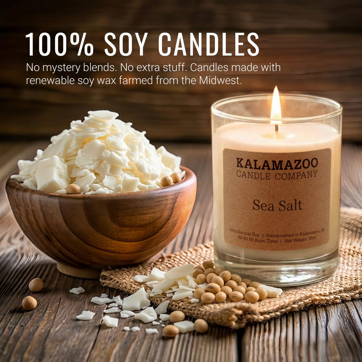 Kalamazoo Candle Company Hand-Poured Soy Wax Candle – 10oz Classic Jar, 60-80 Hour Burn Time – Made in USA, Highly Scented, Phthalate-Free (SEA Salt)