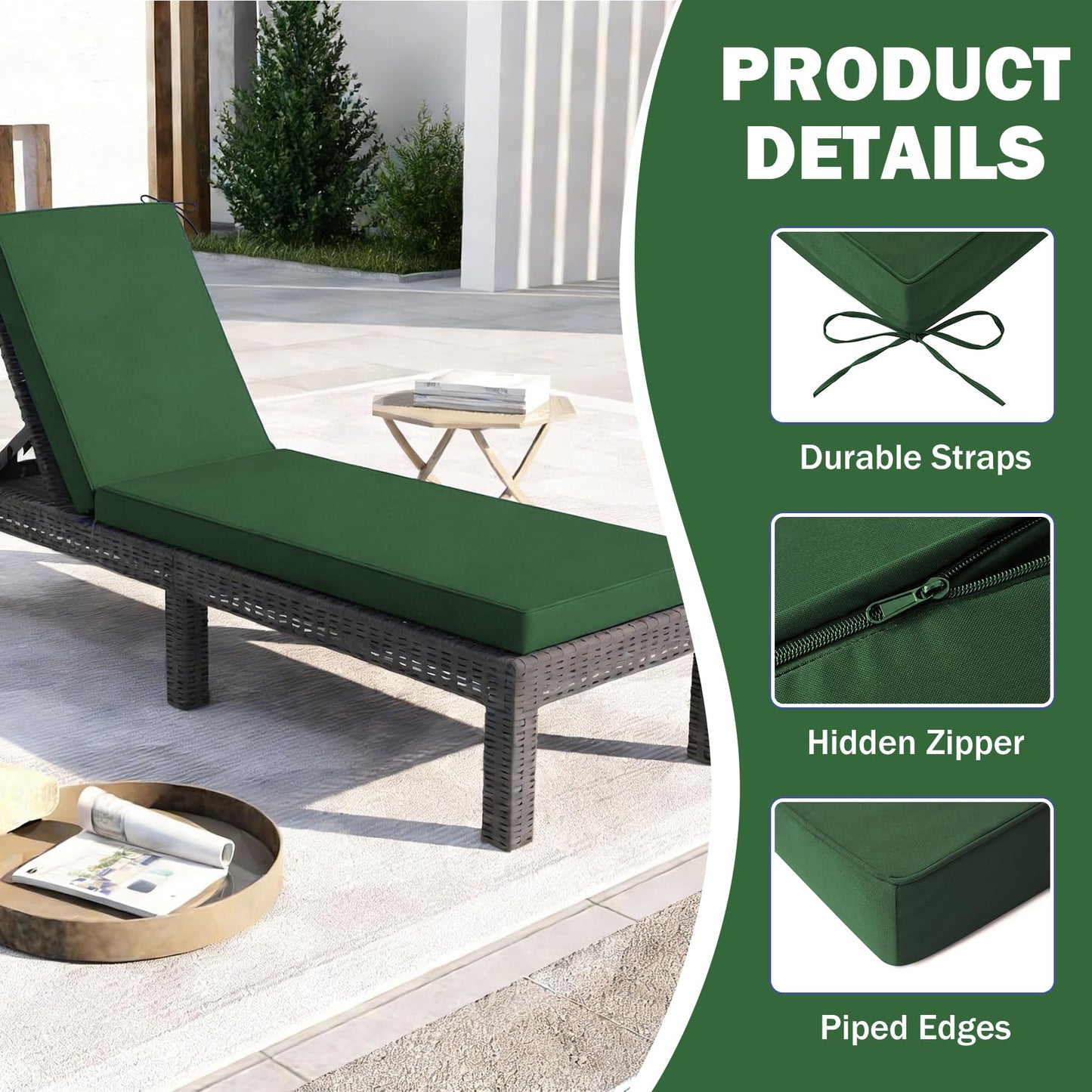 Aegisun Chaise Lounge Cushions Outdoor, 72x 21x 3 Inch Waterproof & Fade-Resistant Lounge Chair Cushion, Outdoor Chaise Cushion with Removable Cover & Ties for Lawn, Patio, Pool & Beach, Forest Green