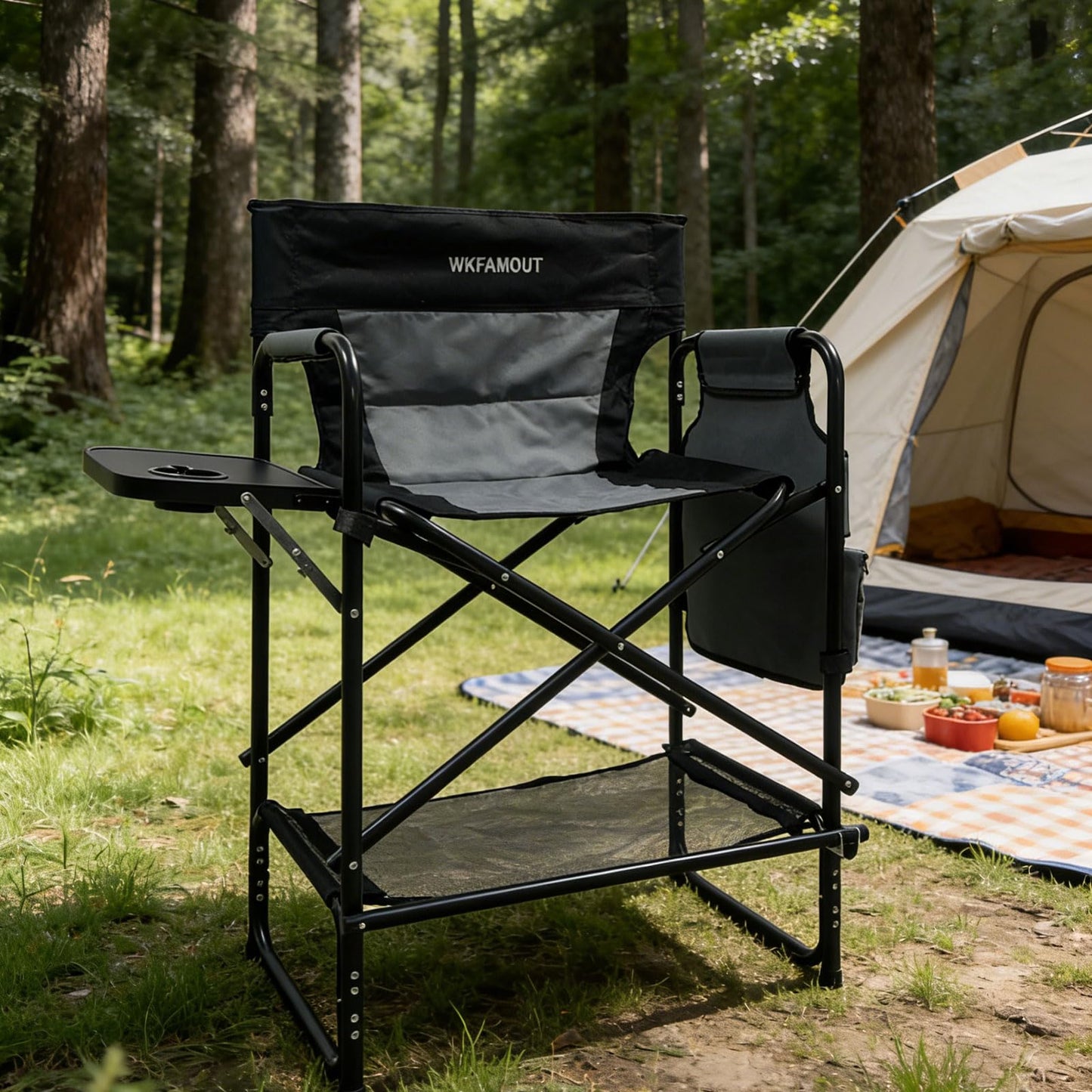 WKFAMOUT 27" Tall Camping Director Chair Oversized with Side Table, Heavy Duty Folding Lawn Chair Outdoor for Makeup Artist, Sports Event, Supports 330LBS