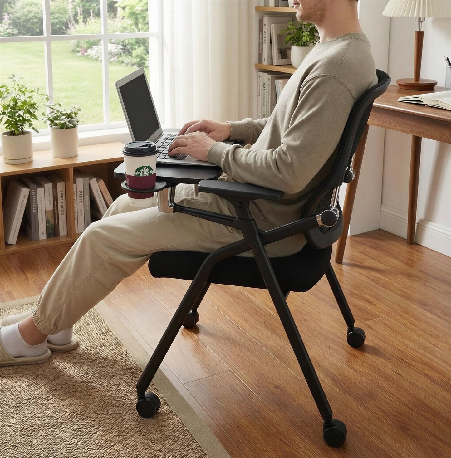 BLANEDUO Updated Conference Room Chairs with Tablet Arm, Folding Office Desk Chair with Lumbar Support and Sliding Armrest with Casters, Stackable Office Guest Chairs & Reception Chairs, 1 Pack Black