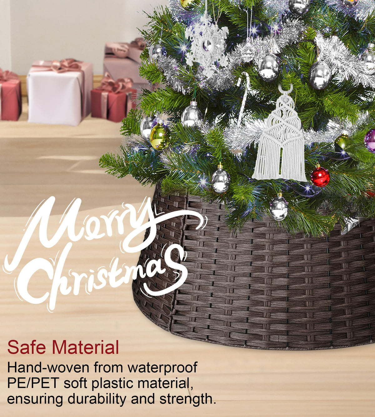 ZWHTB 42in Extra Large Tree Collar, Christmas Tree Decorations for 9-12 ft Tree, Boho Rustic Holiday Decor Xmas Tree Ring, Basket Base Cover - Dark Brown Round