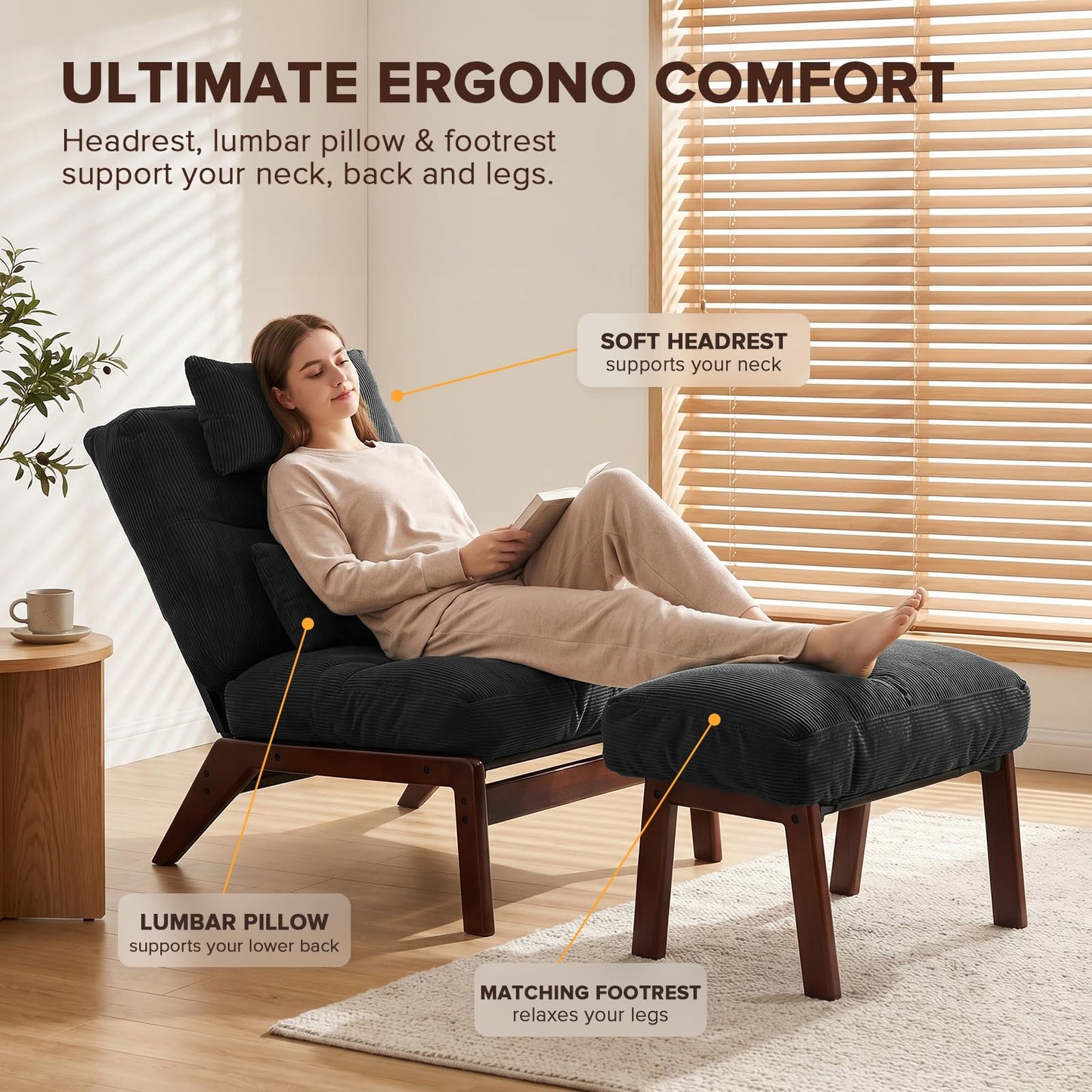 GEMBED Accent Chair with Ottoman Adjustable Backrest, Comfy Lounge Chair Single Sofa with Headrest Lumbar Pillow, Reading Chair with Footrest for Bedroom, Living Room, Dark Grey
