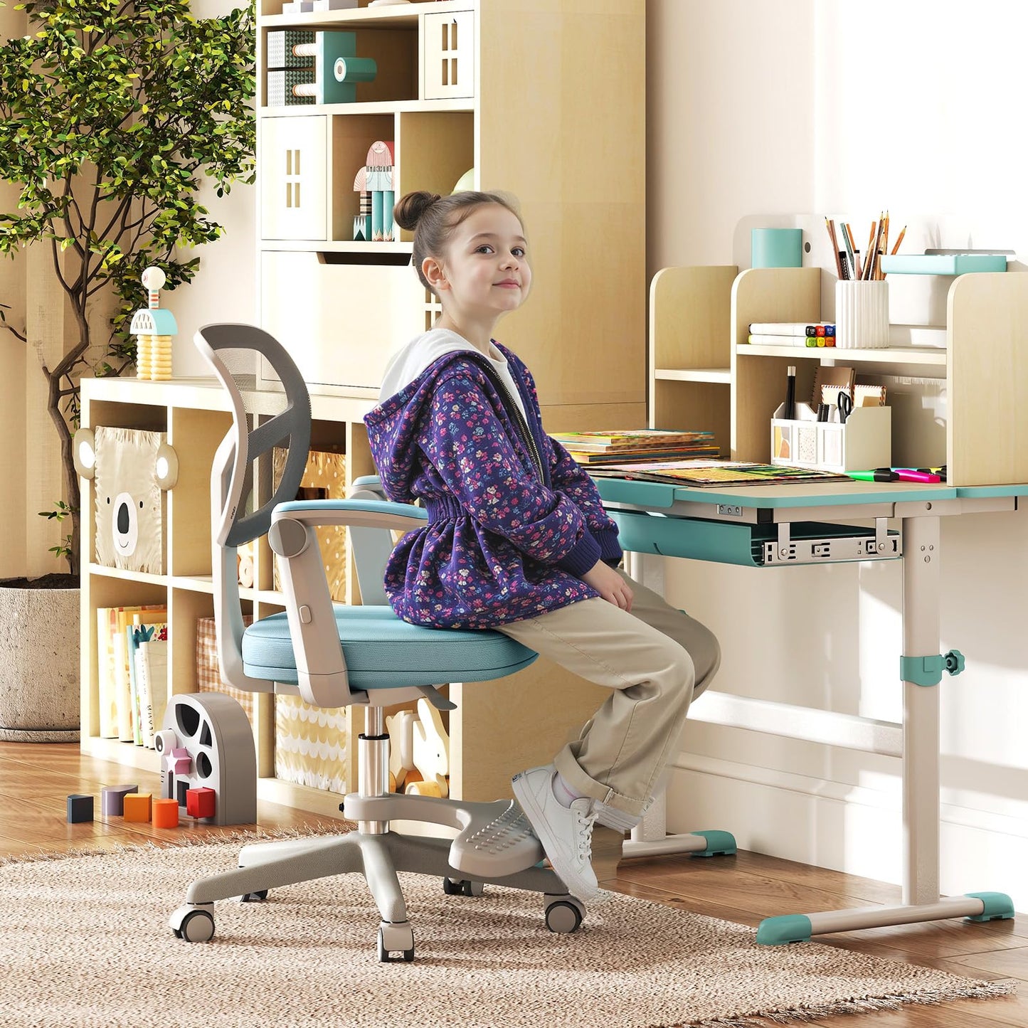 Costzon Kids Desk Chair, Student Ergonomic Computer Chair with Wheels, Footrest, Adjustable Height, Flip-up Armrests & Soft Removable Cushion, Swivel Rolling Kids Office Chair for 3-15 (Blue)