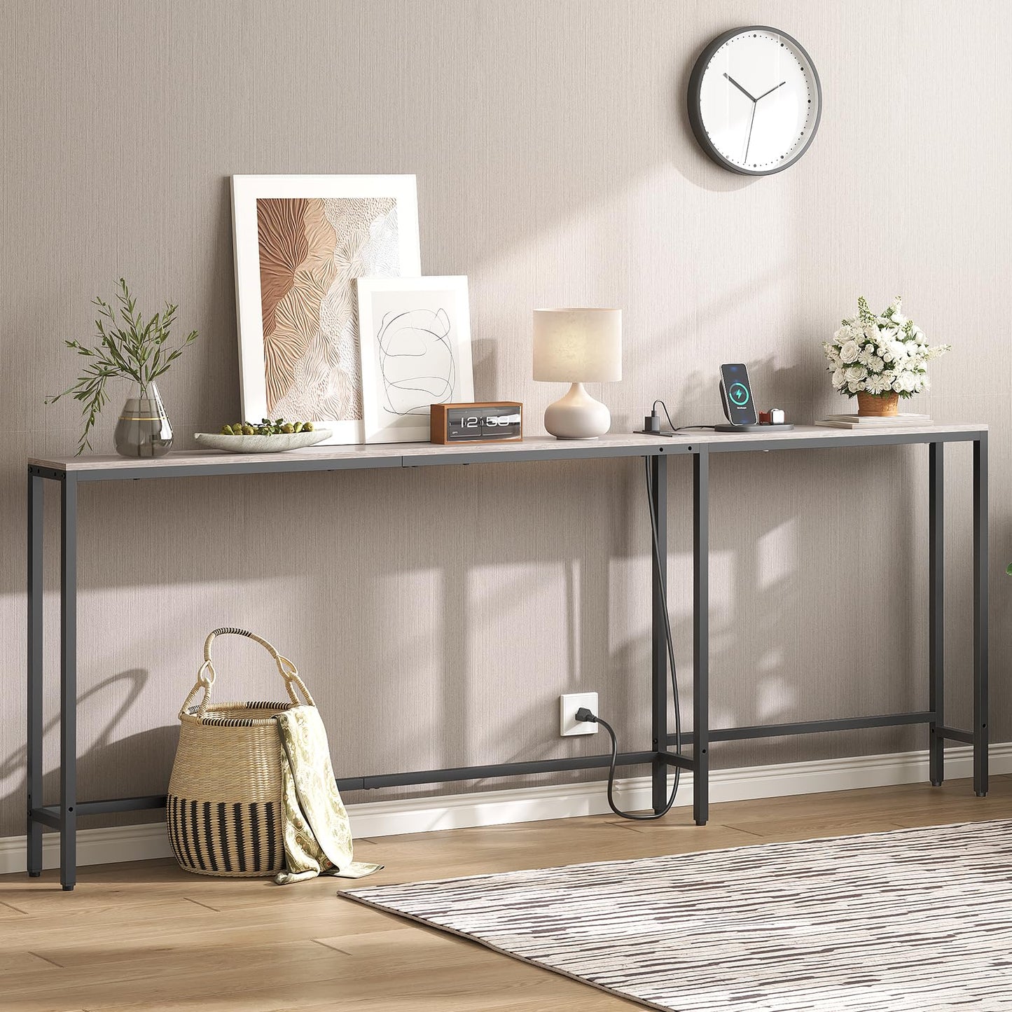 YATINEY Narrow Console Table with Outlets, 78.7" Sofa Table Narrow Long, L Shaped Behind Couch Entryway Table with Charging Station, for Living Room, Hallway, 3 Assembly Options, Greige CT17UBG