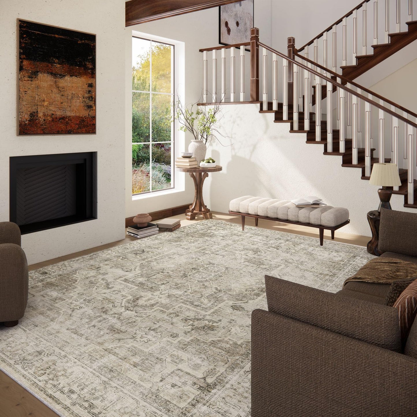 Washable Area Rugs for Living Room: 8x10 Bedroom Area Rugs Boho Vintage Rugs Stain Resistant Non Slip Low Pile Soft Lightweight Carpet for Kitchen Dining Room Farmhouse Nursery Kids Room Home Office
