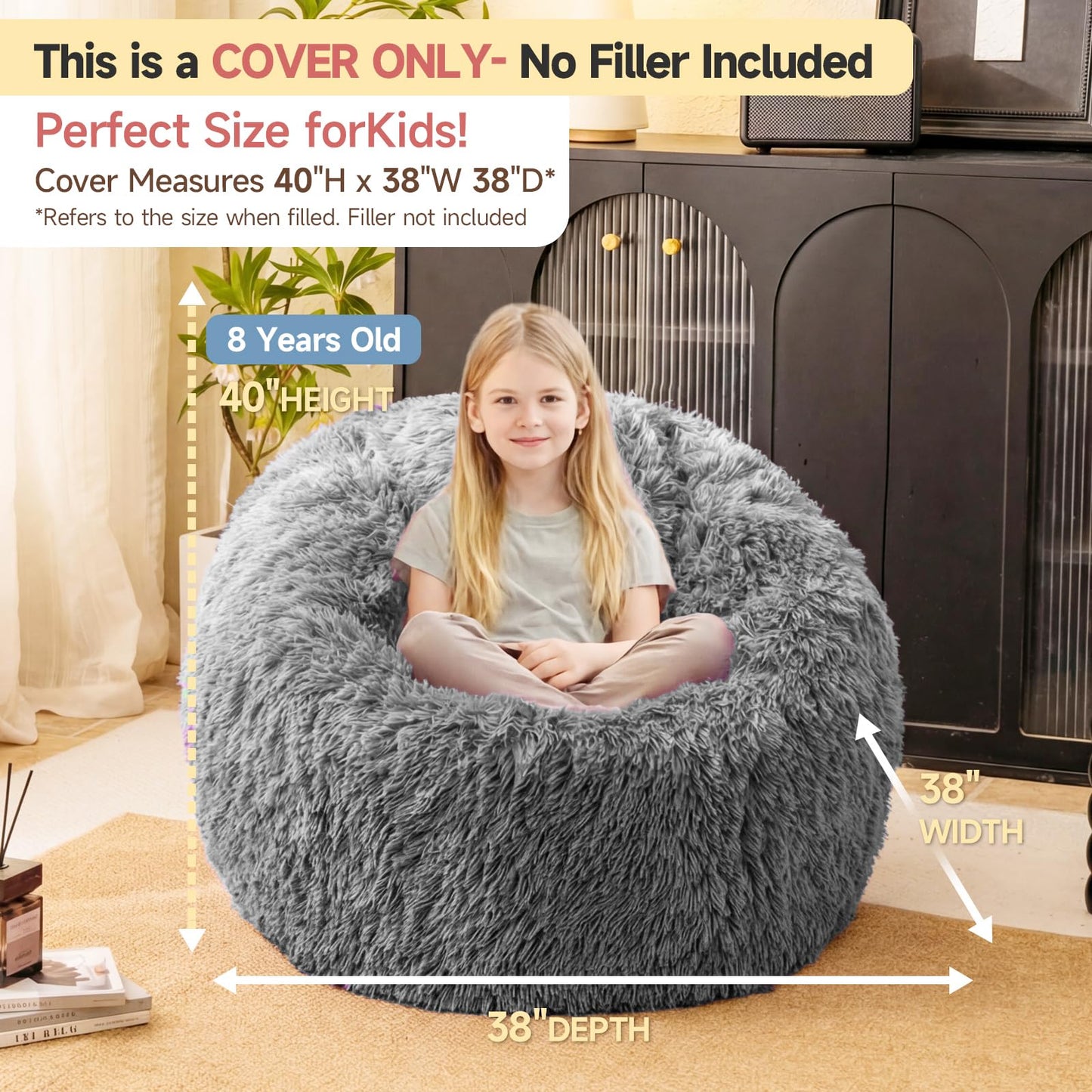 Dark Gray faux fur bean bag chair covers (No Filler), comfy Plush Dark Gray bean bag chair Cover for bedroom, stuffed animal Storage, kids adults teens girls bean bag chairs, Anti-Slip