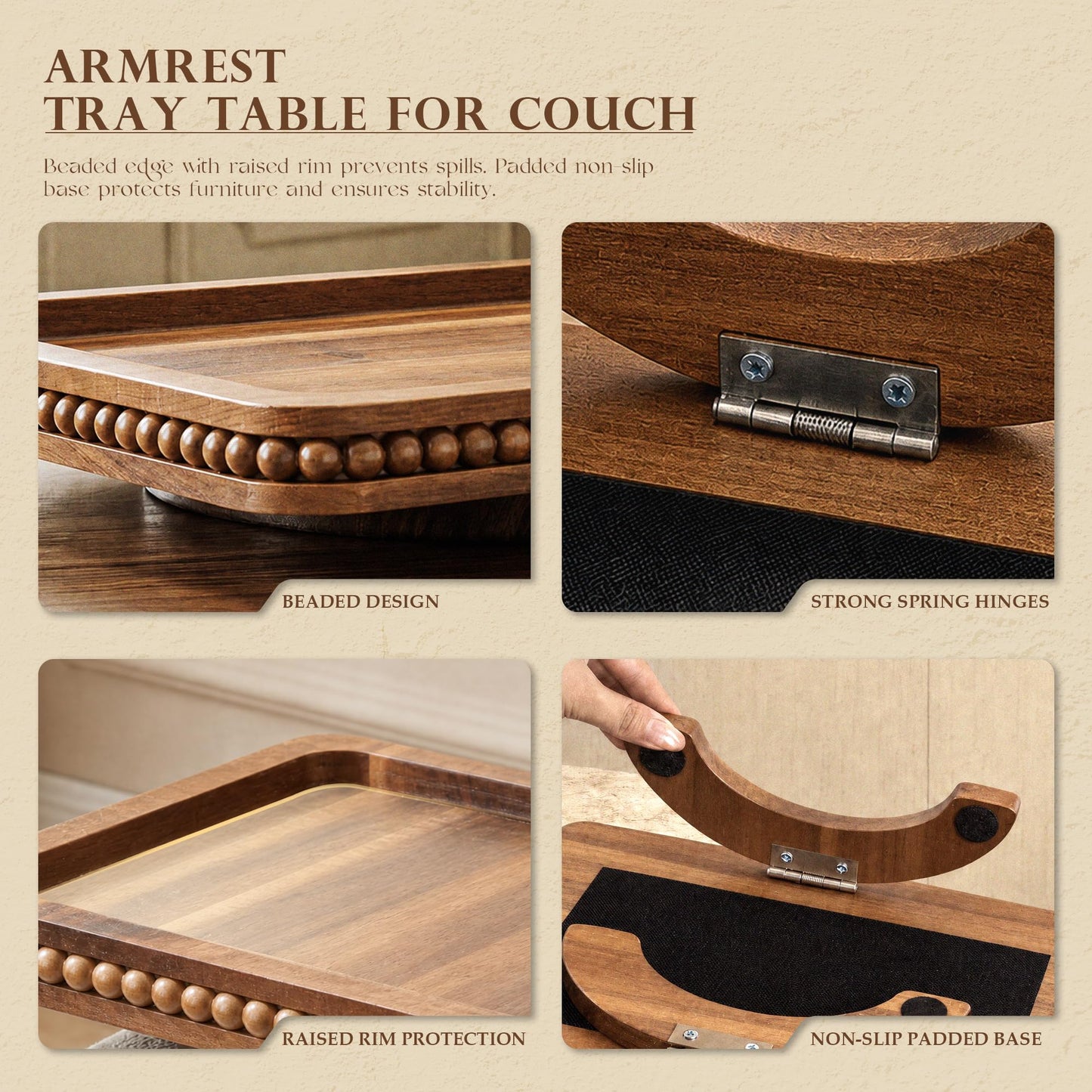 Acacia Wood Couch Tray with Beaded Edge for Home Decor - Foldable Sofa Armrest Tray as End Table - Couch Armrest Table with Anti-Slip Legs for Drink, Snacks (Acacia, 13"x9"x1")