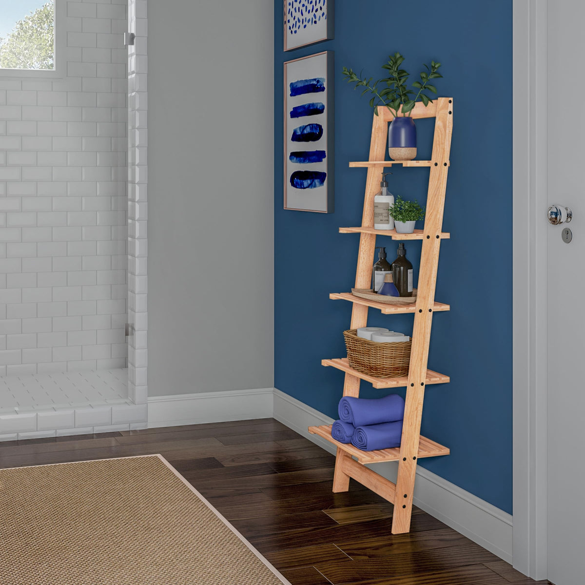 5-Tier Ladder Shelf - 50-Inch Narrow Leaning Bookshelf - Wooden Bookcase for Living Room, Bathroom, Kitchen, Office, or Bedroom Furniture by Lavish Home (Oak)