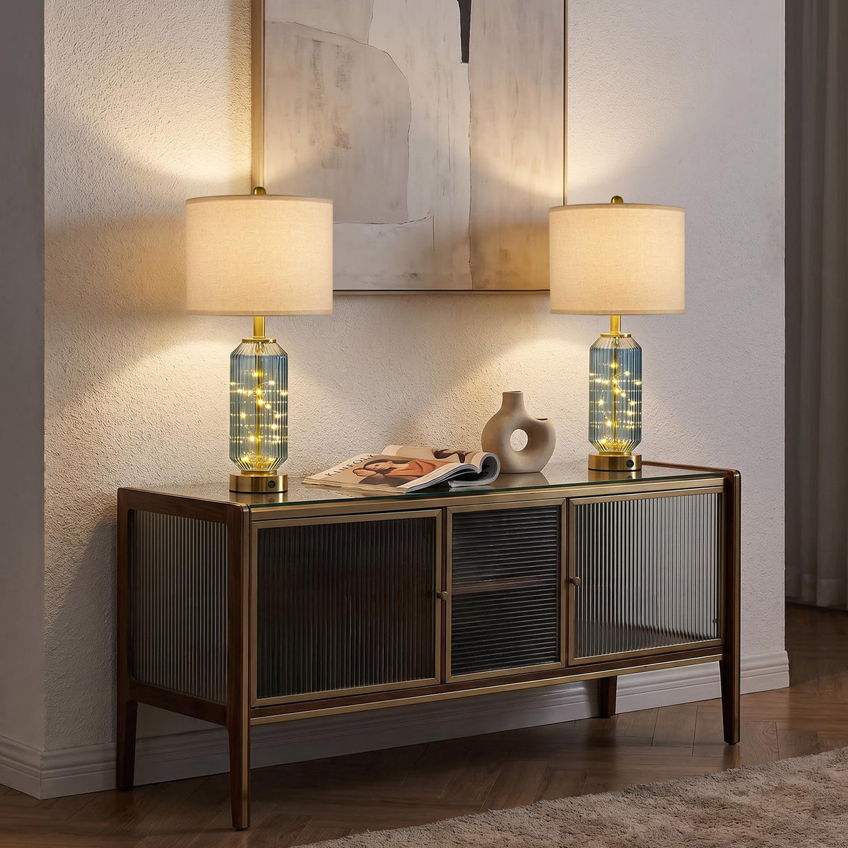 Oneach 24.5" Bedside Table Lamps Set of 2, Blue Coastal Nightstand Lamps with Night Light, USB A+C Charging Ports, Glass Lamps for Bedroom, Living Room, End Table (2 Bulbs Included)