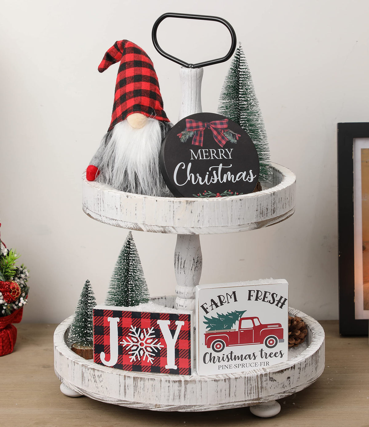 Christmas Tiered Tray Décor Set of 7, Merry Christmas Farm Fresh Truck, Joy Wood Sign Buffalo Plaid Gnome Plush and Trees, Farmhouse Table Home Party Shelf Fireplace Mantel Decor