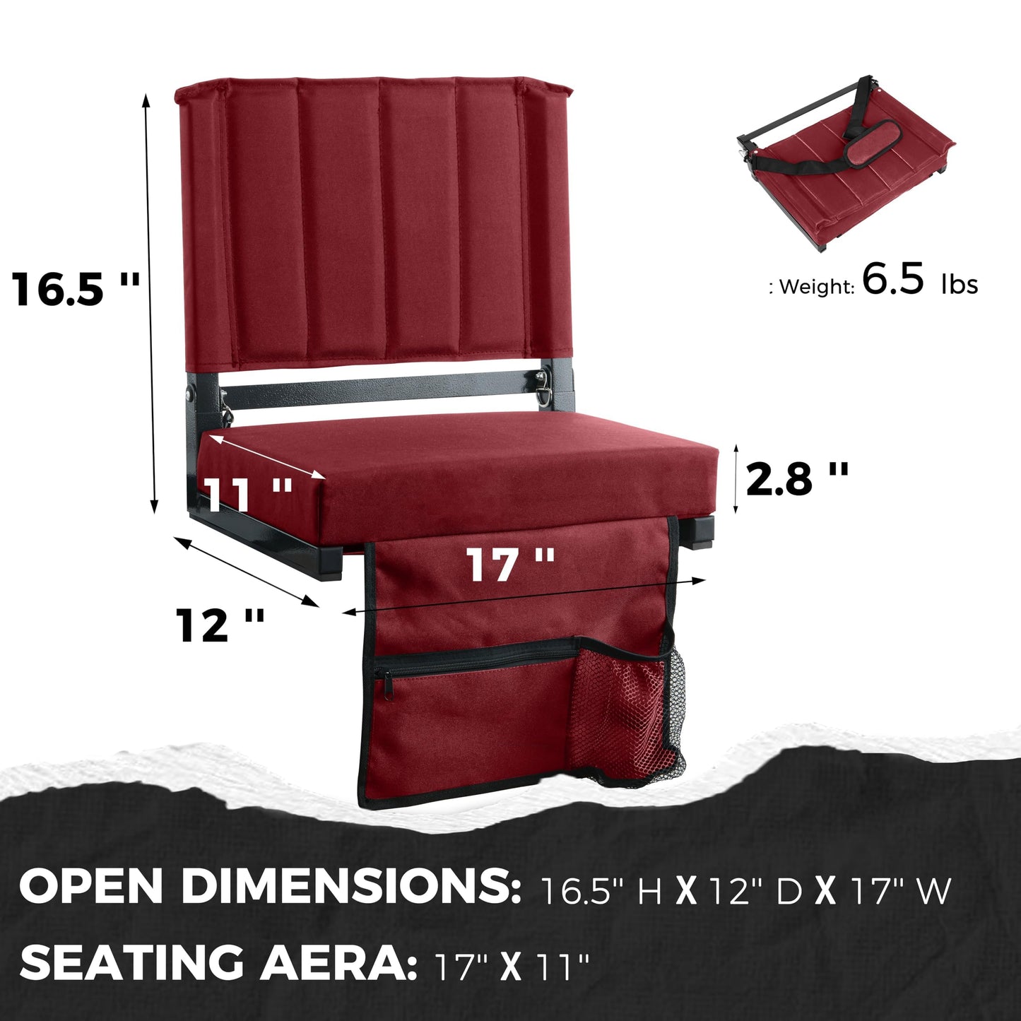 SPORT BEATS Stadium Seats with Back Support Bleacher Chairs with Back and Cushion Thick Padded Bleacher Seats Includes Shoulder Strap Maroon 1pc Standard