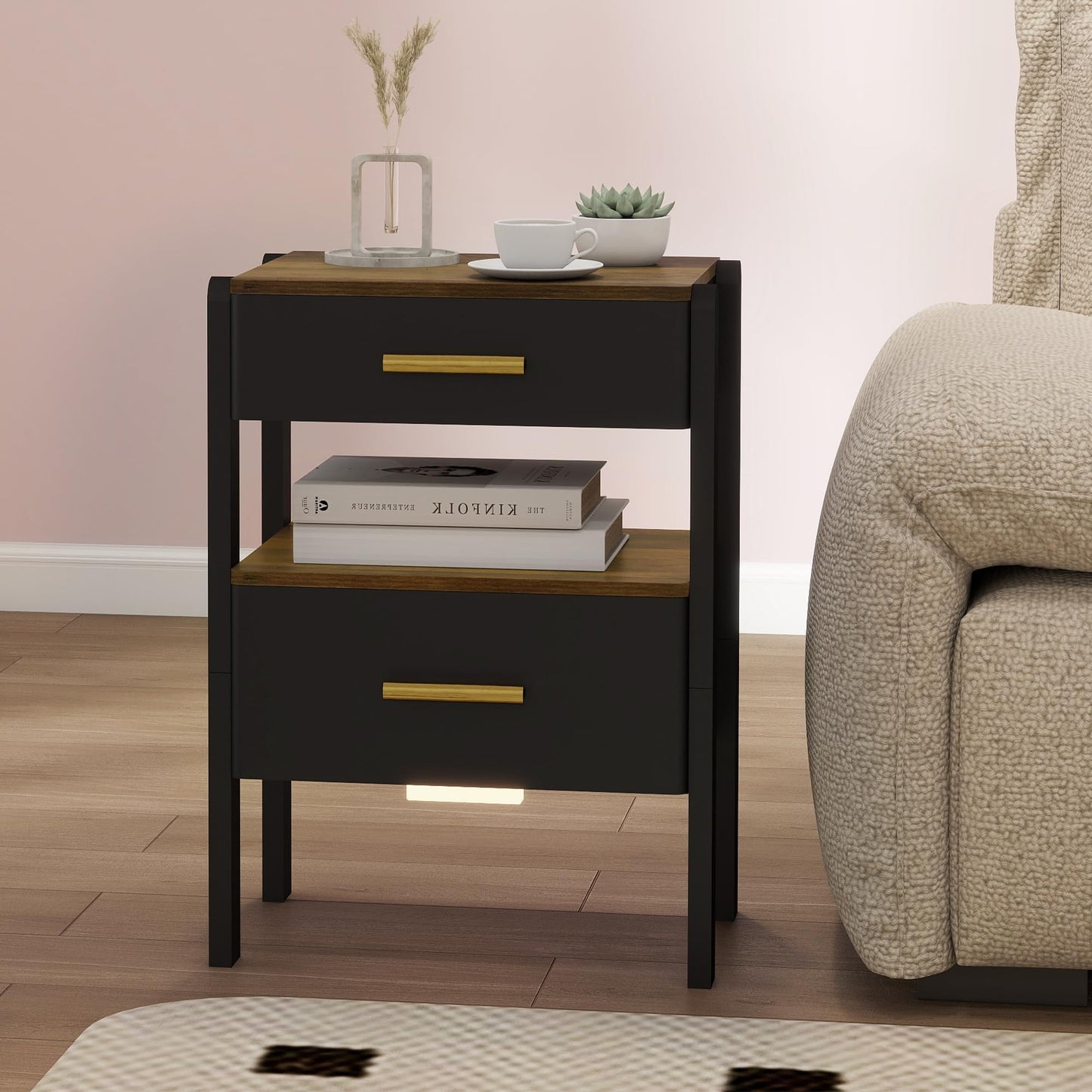 Tltaroni Nightstand with 2 Drawers and Open Shelf Wooden Bedside Table Gold Handles Modern Storage Night Stand Sensor Light for Bedroom, Black and Brown