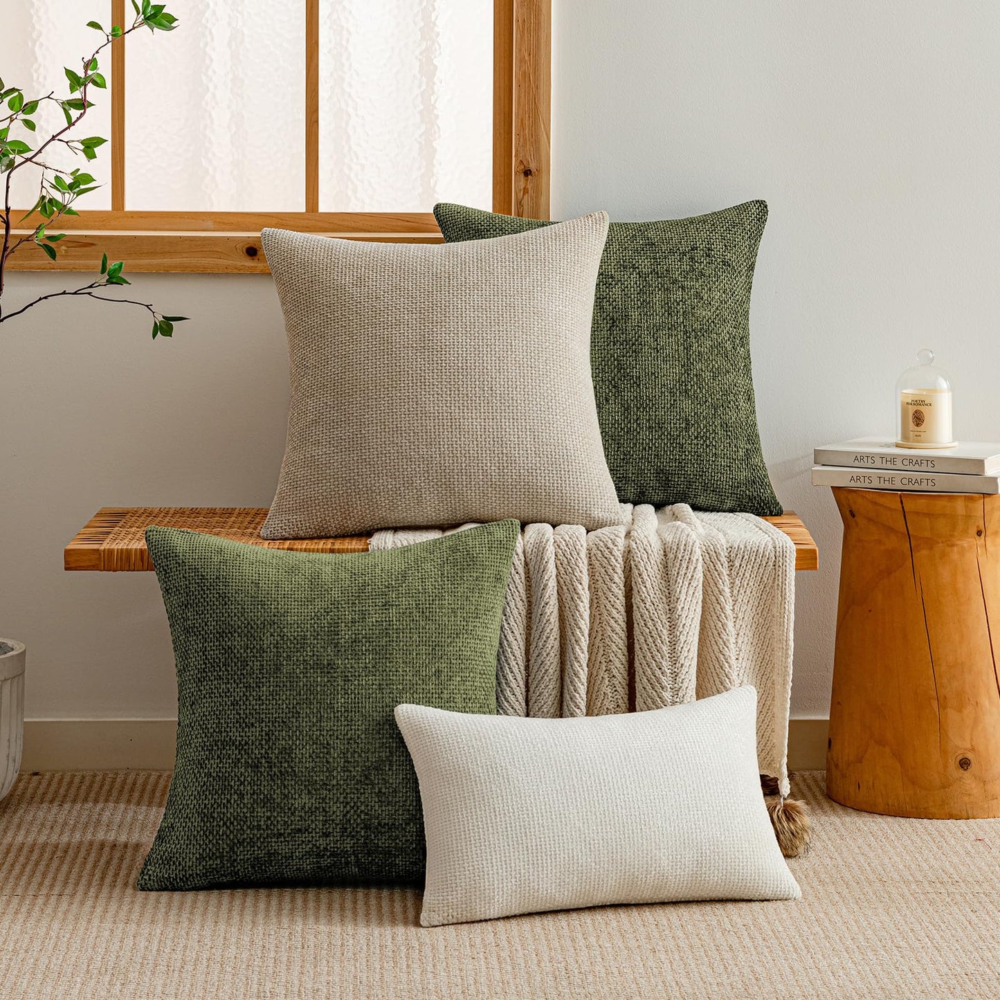 a moment Olive Green Chenille Throw Pillow Covers 18x18 Inch Pack of 2 Modern Decorative Throw Pillow Covers Farmhouse Cross Covers Home Decor for Sofa Bedroom Living Room