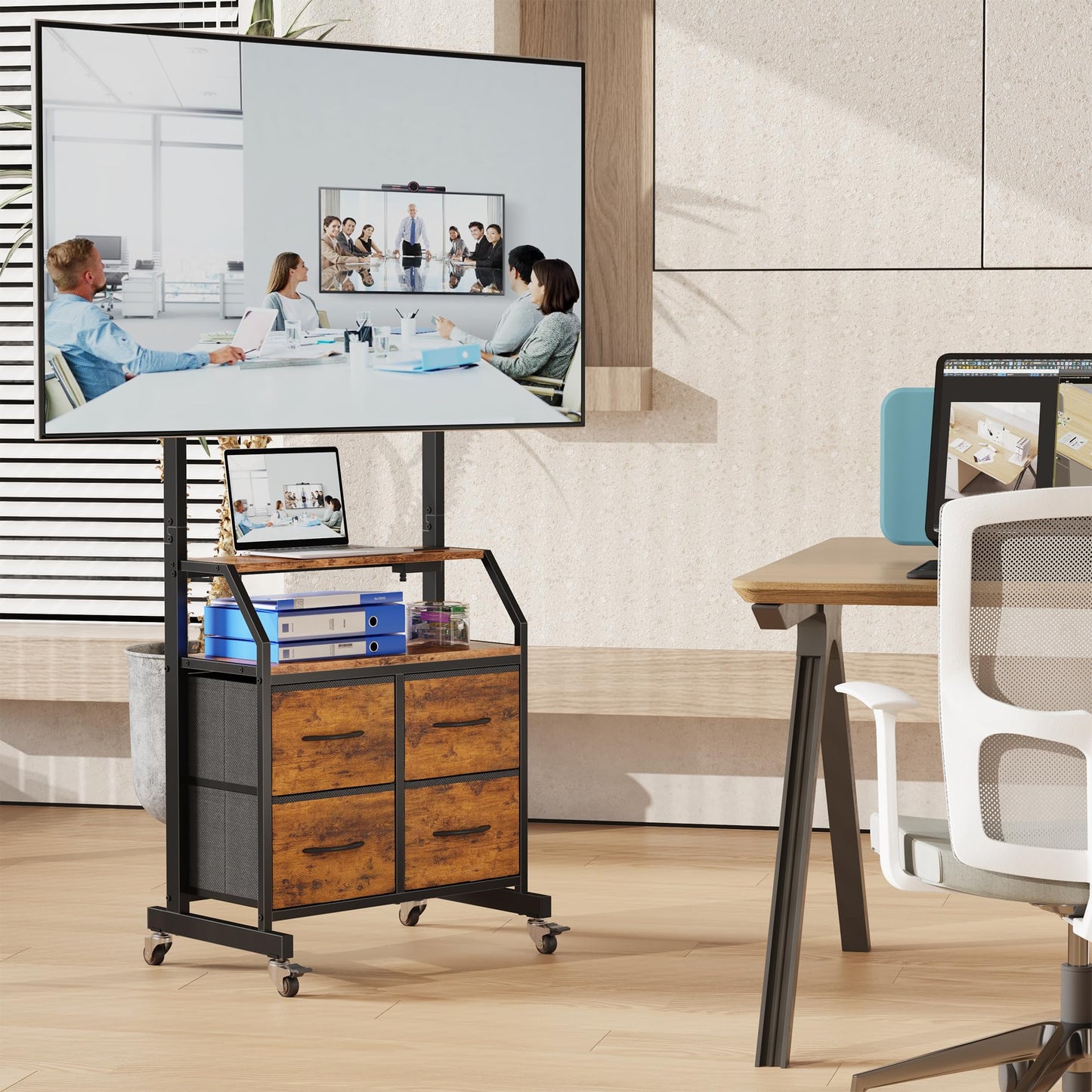 Rolling TV Stand with Mount & 4 Fabric Drawers - TV Stand with Wheels for 32-75" TV, Entertainment Center & Console Table for Living Room or Bedroom, Modern Television Stand with Storage, Rustic Brown