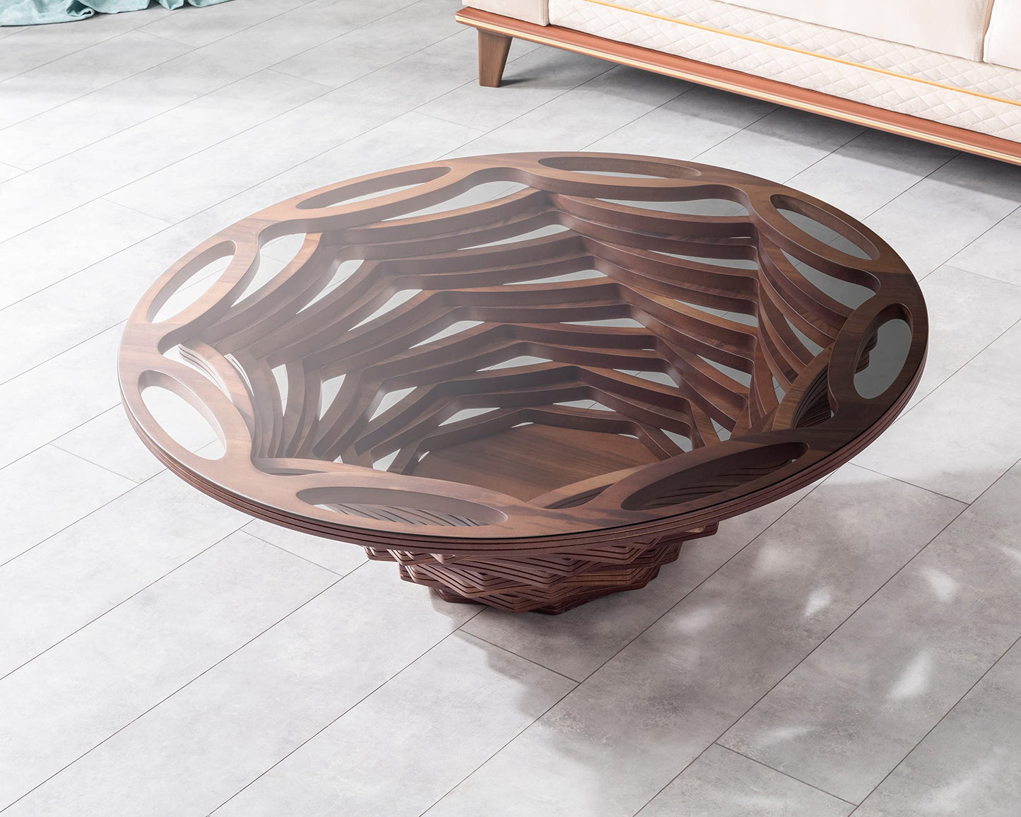 Papella Luxury Round Coffee Table – Sculptural Walnut Base with Smoked Glass Top – Mid-Century Modern Statement Piece for Elegant Interiors & Office Furniture