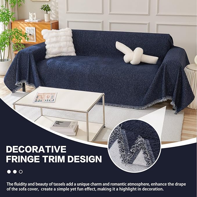 DREAMINGO Navy Blue Couch Cover Thick Chenille Couch Cover Blanket