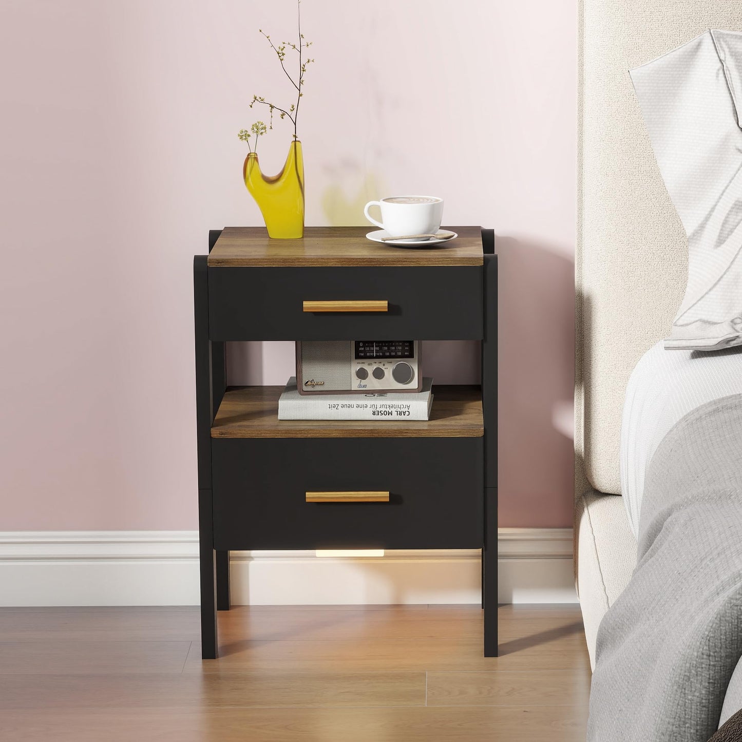 Tltaroni Nightstand with 2 Drawers and Open Shelf Wooden Bedside Table Gold Handles Modern Storage Night Stand Sensor Light for Bedroom, Black and Brown