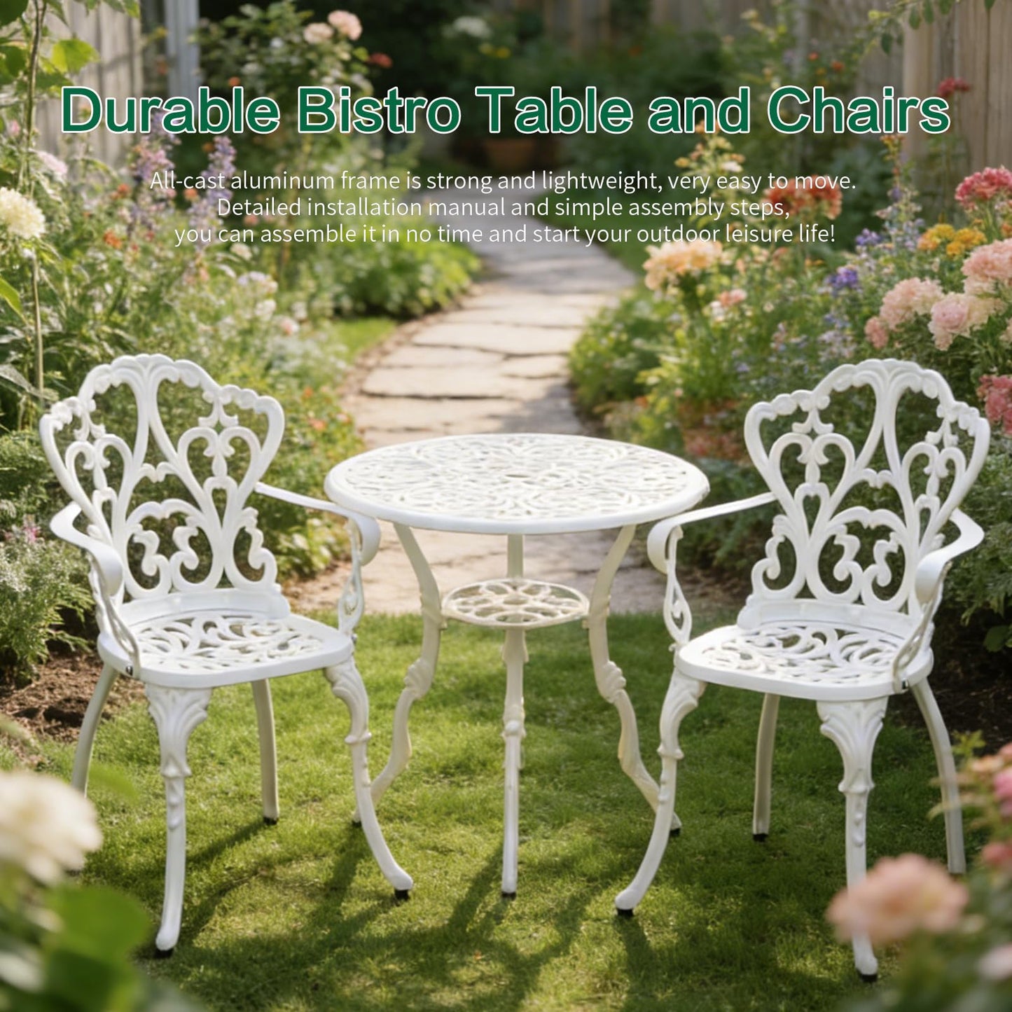 3 Piece Outdoor Dining Set, Aluminum alloy 35" Patio Table with 1.96" Umbrella Hole & 2 Chairs, All Weather Furniture for Garden, Backyard, Poolside (White 3Pieces (33" Square Table & 2 Chairs))