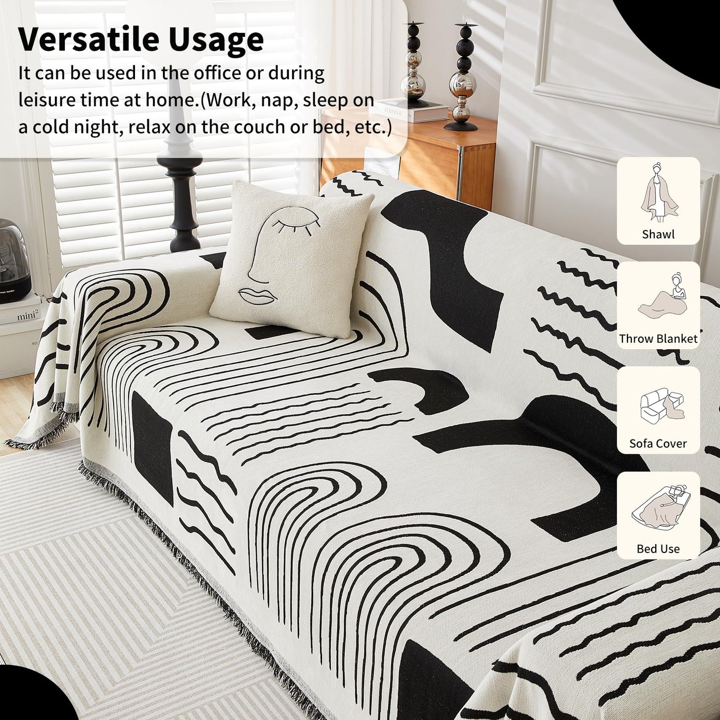 WEYOND Boho Chenille Couch Cover with Tassels, Bohemian Sofa Cover for 3 Cushion Couch, L-Shaped Sectional, Loveseat, 2/3/4 Seater (71" x 118", Black)
