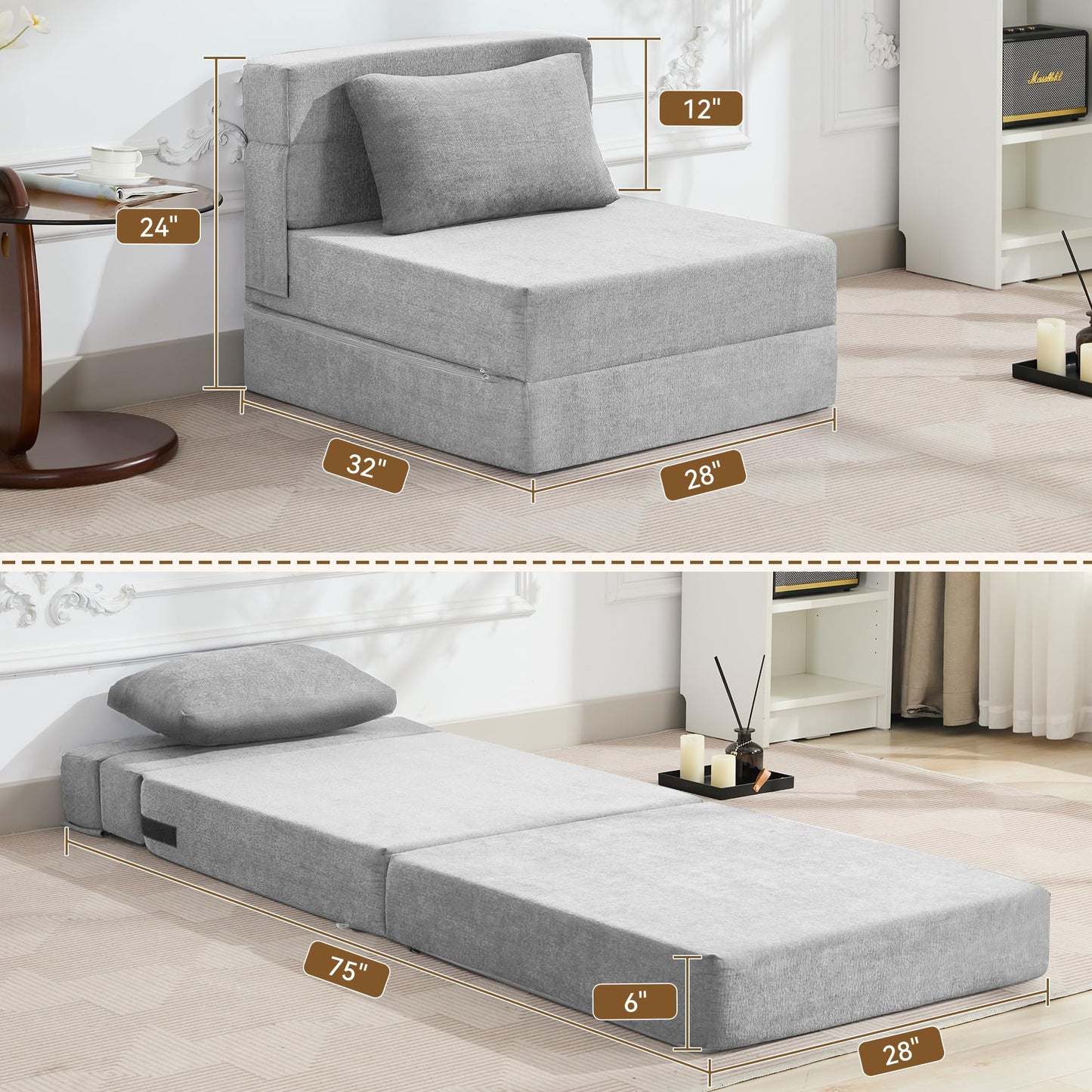 WUTUTUEE Folding Sofa Bed Convertible Floor Couch Foldable Chair Bed with Pillow，Linen Sleeper Chair Futon,Foldable Memory Foam Mattress for Bedroom/Living Room/Dorm/Office (Light Grey, Single)