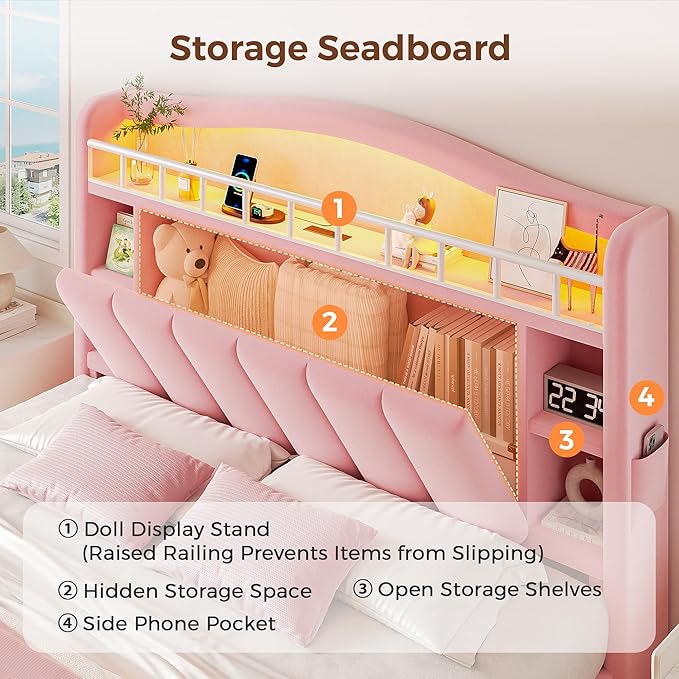 Full LED Bed Frame with Storage Headboard & 2 Storage Drawers, Princess Velvet