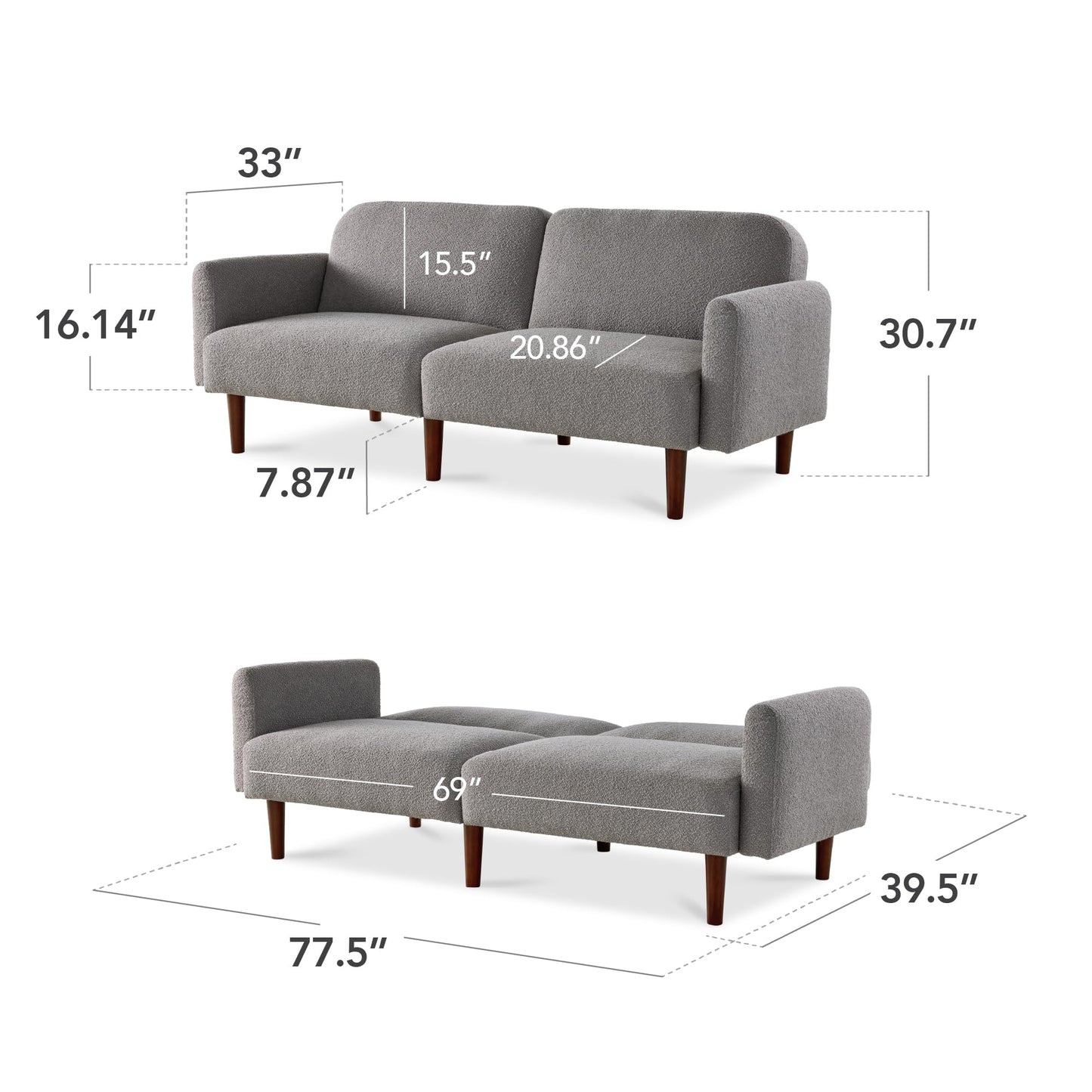 Best Choice Products 77" Mid Century Modern Boucle Loveseat Sofa, Couch, Convertible Sofa Sleeper Bed w/Real Wood, Removable Armrest - Storm Gray
