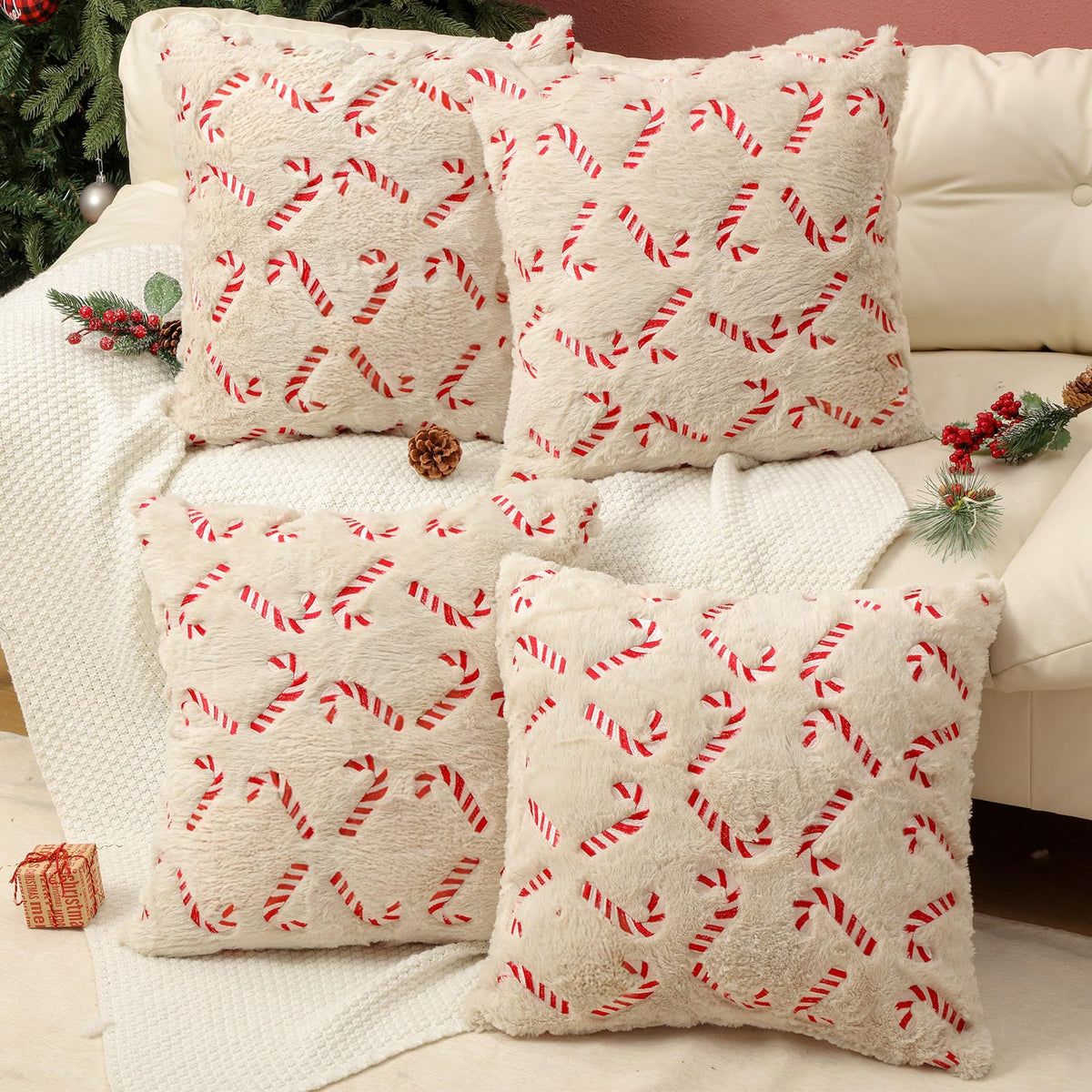 Tranqun 4 Pcs Christmas Candy Cane Throw Pillow Covers 20x20 Inch Xmas Red Candy Embroidery Pillowcases Fluffy Christmas Cane Decorative Cover for Winter Holiday Farmhouse Living Room Sofa Car Decor