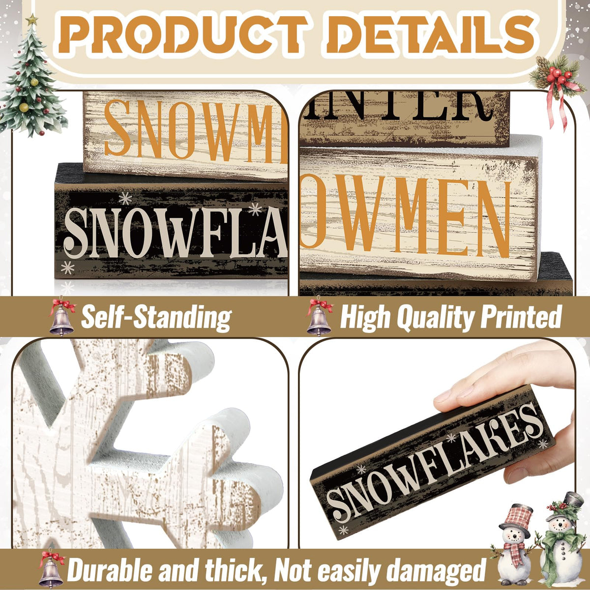 Moucuny 4 Pcs Winter Table Decorations Wooden Snowflake Decor Christmas Tiered Tray Decor Rustic Snow Block Signs Gift Farmhouse Christmas Centerpiece for Winter Wonderland Party Kitchen Shelf Home