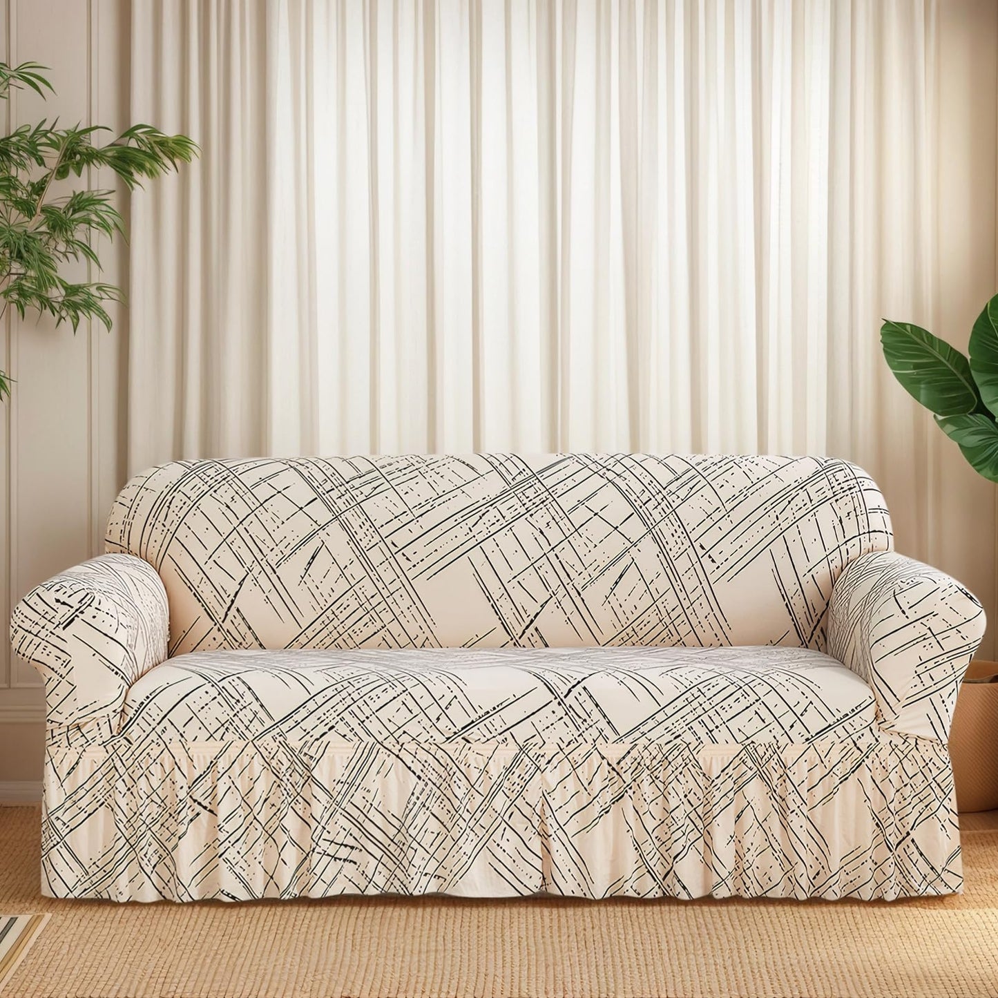 Ausing Printed Loveseat Cover Easy Fitted Non-Slip Couch Covers Washable Stretch Furniture Protector Modern Fashion Sofa Slipcover Beige Line(57”-73”)