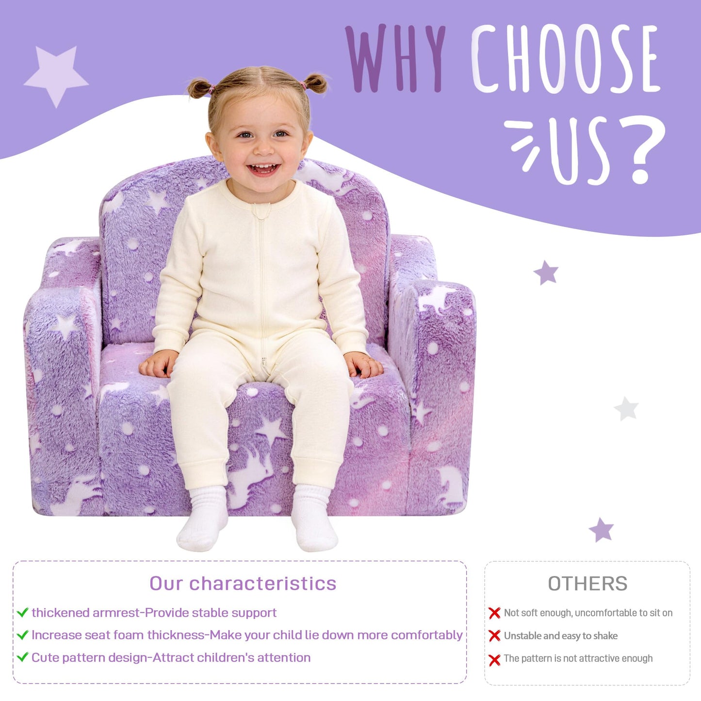 aodisman Thick Comfy Kids Chair and Couch, 2-in-1 Soft Foldable Plush Kids Sofa, Foam Seating for Reading and Play, Removable Washable Cover,Purple Pony