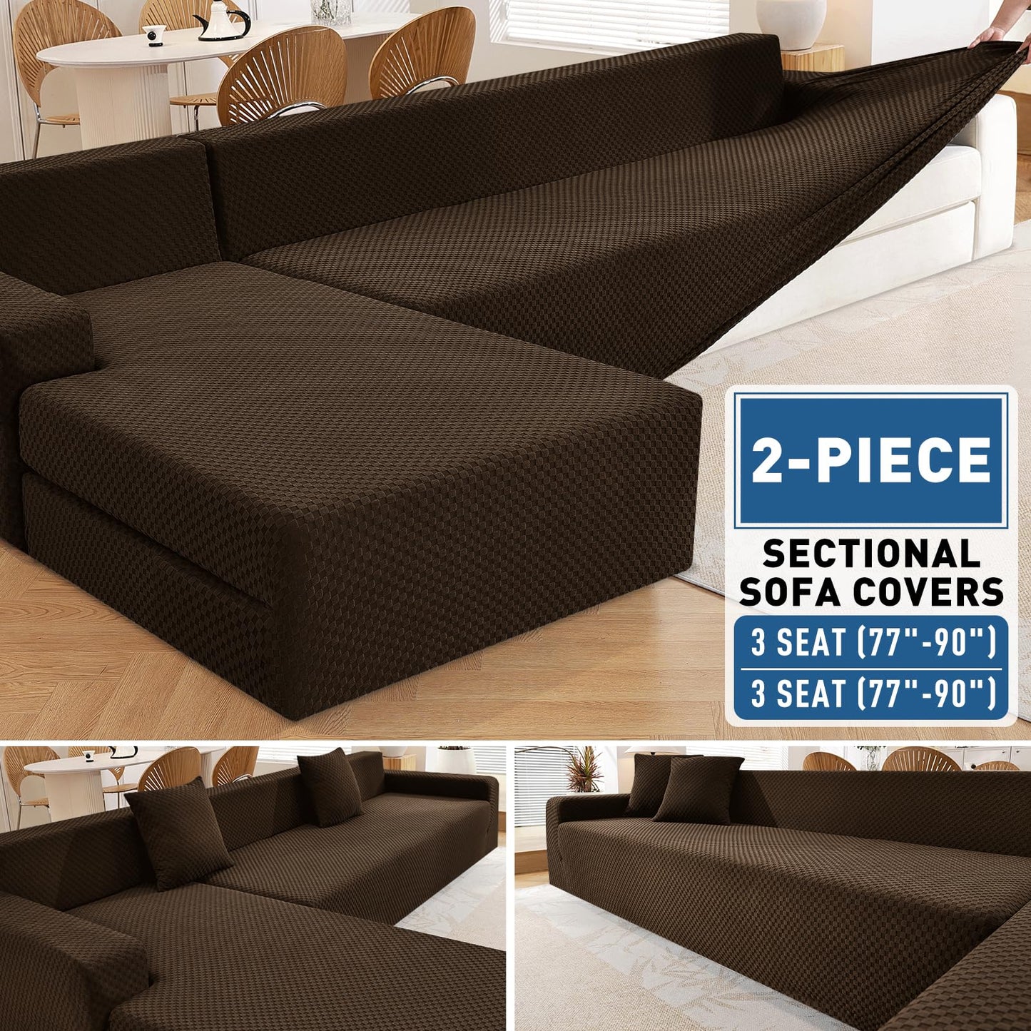 ZNSAYOTX Sectional Couch Covers, Stretch Jacquard Slipcovers with Elastic Bottom for L-Shape Sectional Sofa, 2 Pcs Pet Friendly Modular Sofa Protector (3 Seat Couch + 3 Seat Chaise, Dark Coffee)