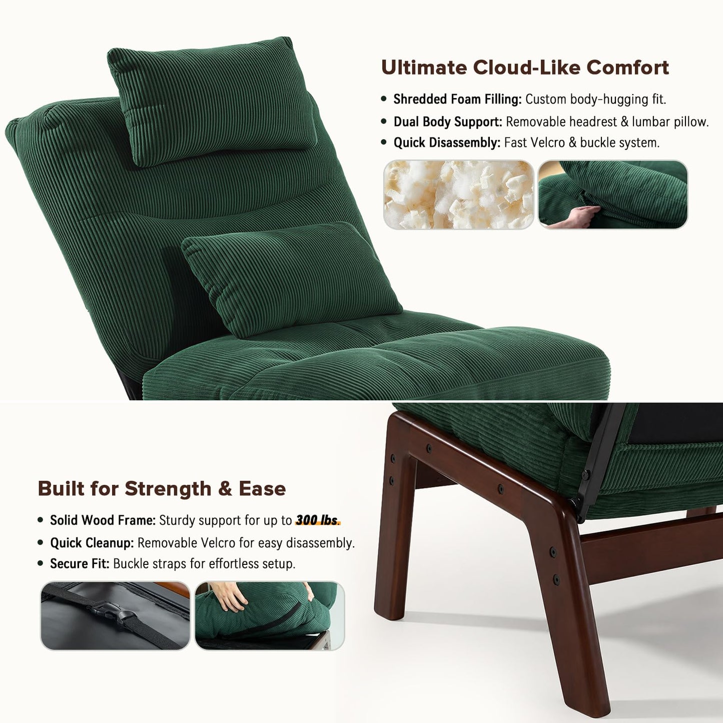 GEMBED Accent Chair with Ottoman Adjustable Backrest, Comfy Lounge Chair Single Sofa with Headrest Lumbar Pillow, Reading Chair with Footrest for Bedroom, Living Room, Green