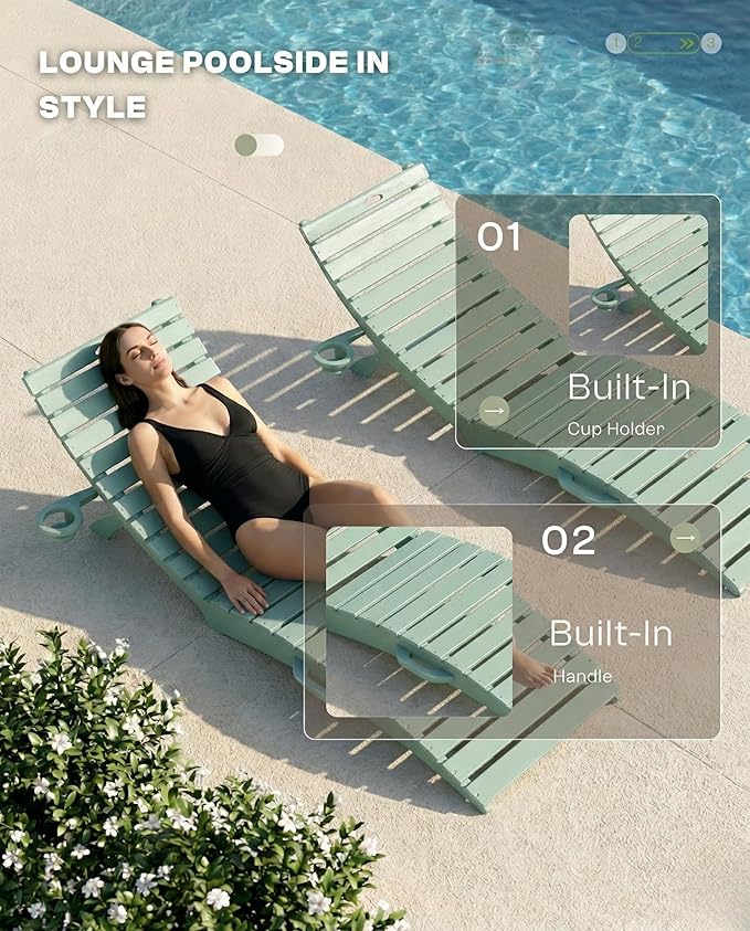 Folding HDPE Pool Lounge Chairs Set of 2, Pre-Assembled Outdoor Chaise Lounge