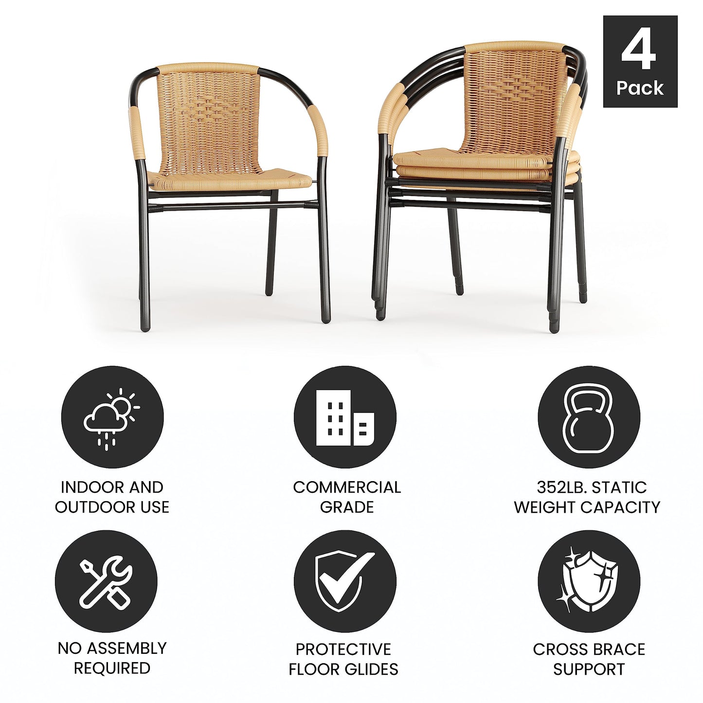 Flash Furniture Lila 4 Pack Beige Rattan Indoor-Outdoor Restaurant Stack Chair | Versatile and Stylish Seating