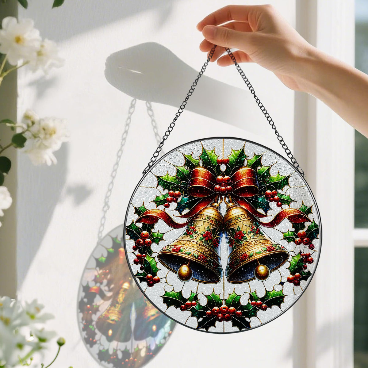 Stained Glass Window Hanging, Pauyadu Sun Catchers Indoor Window, Bells Christmas Suncatcher, Christmas Home Decor, Festive Gifts for Friends, Neighbor - 8 Inch