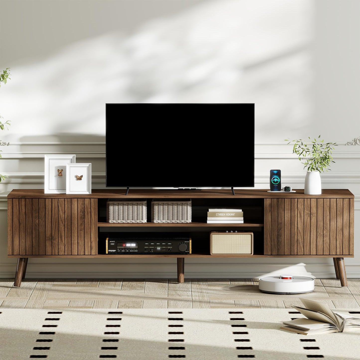 YOSHOOT TV Stand for 75 inch TVs, Mid Century Modern Entertainment Center with Power Outlet,Fluted Media Console with Open Shelves and Storage Cabinets for Living Room & Bedroom, Walnut