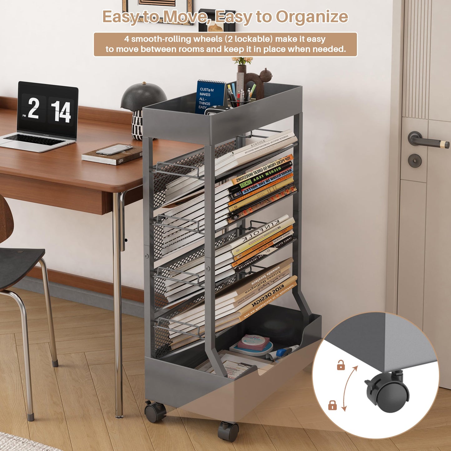 UMDONX Modern Mobile Book Cart Single-Sided Rolling Bookshelf with Metal Top & Base, Premium Snap-in Shelves, Heavy Duty & Elegant Storage for Home Study, Office, Classroom Gunmetal Gray