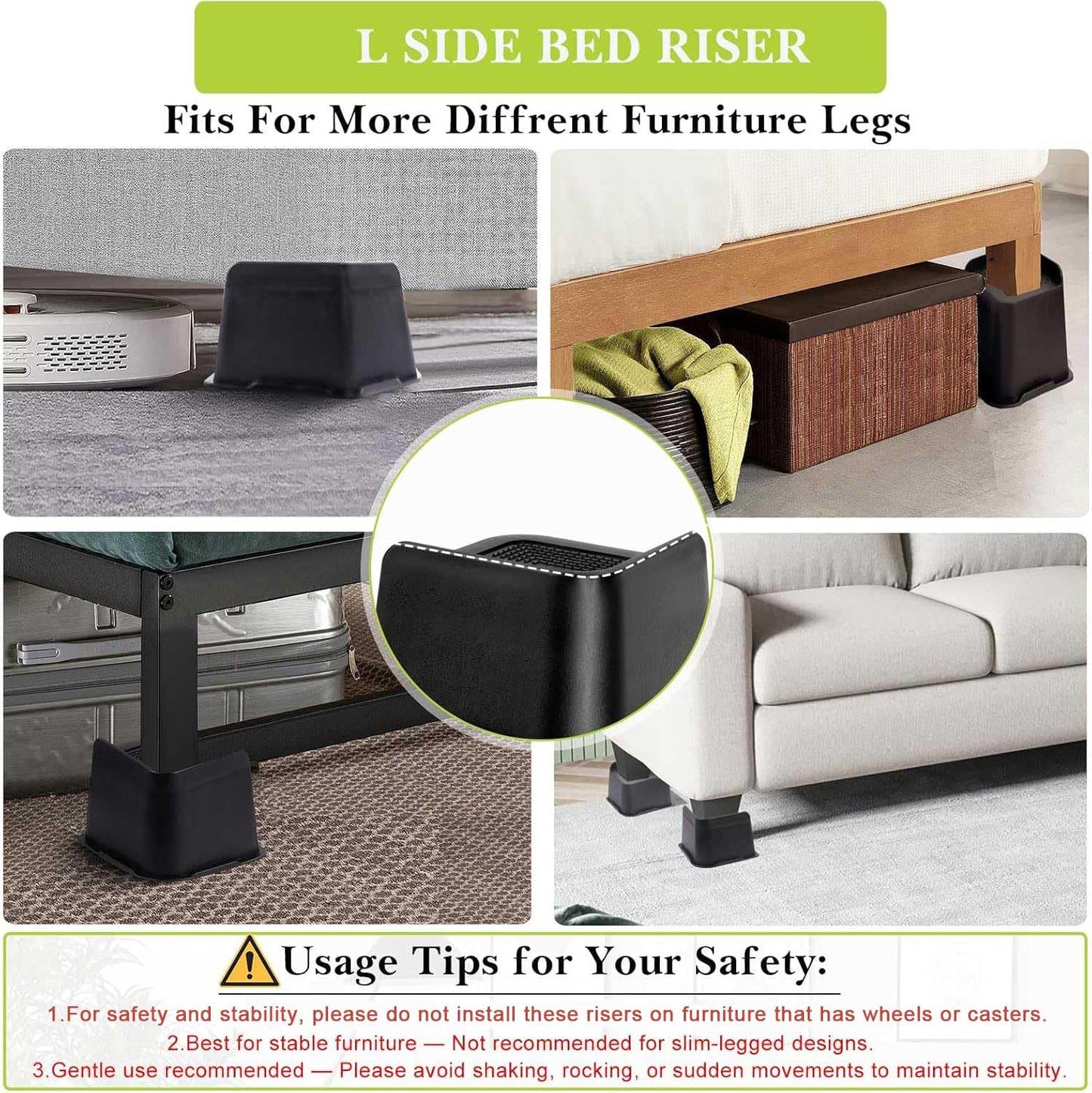 Yookwutar Bed Risers 2 inch, 3 inch, 4 inch, 6 inch, 8 inch Heavy Duty, Oversized Furniture Riser for Couch Sofa Table Chair Leg Frame Dorm, Support up to 6000 Lbs (Black 4 Pack, 4 inch)