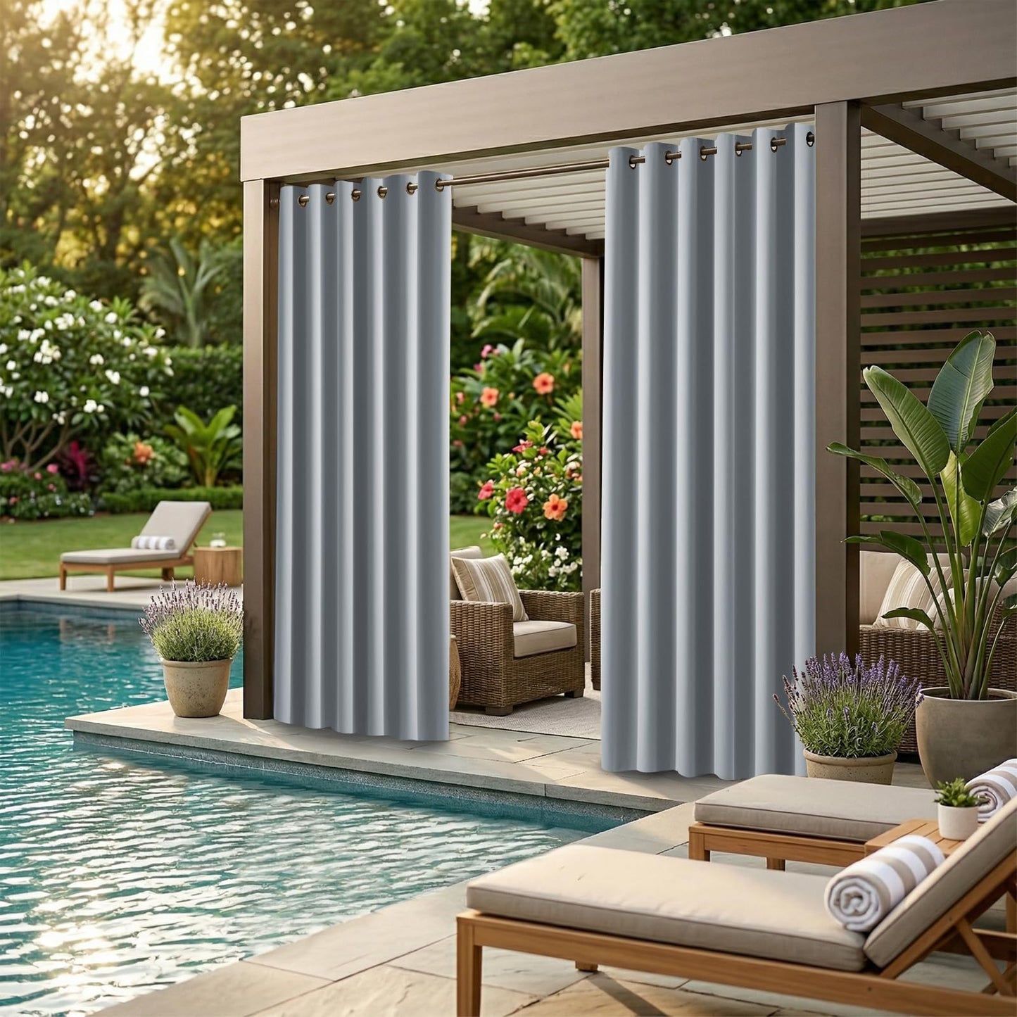 DIVA EN CAMINO DEC Outdoor Patio Curtain Waterproof Darkening Thermal Insulated Indoor Curtains for Bedroom, Porch, Living Room, Pergola, Cabana, W84 x L95, Light Gray, Set of 2 Panels